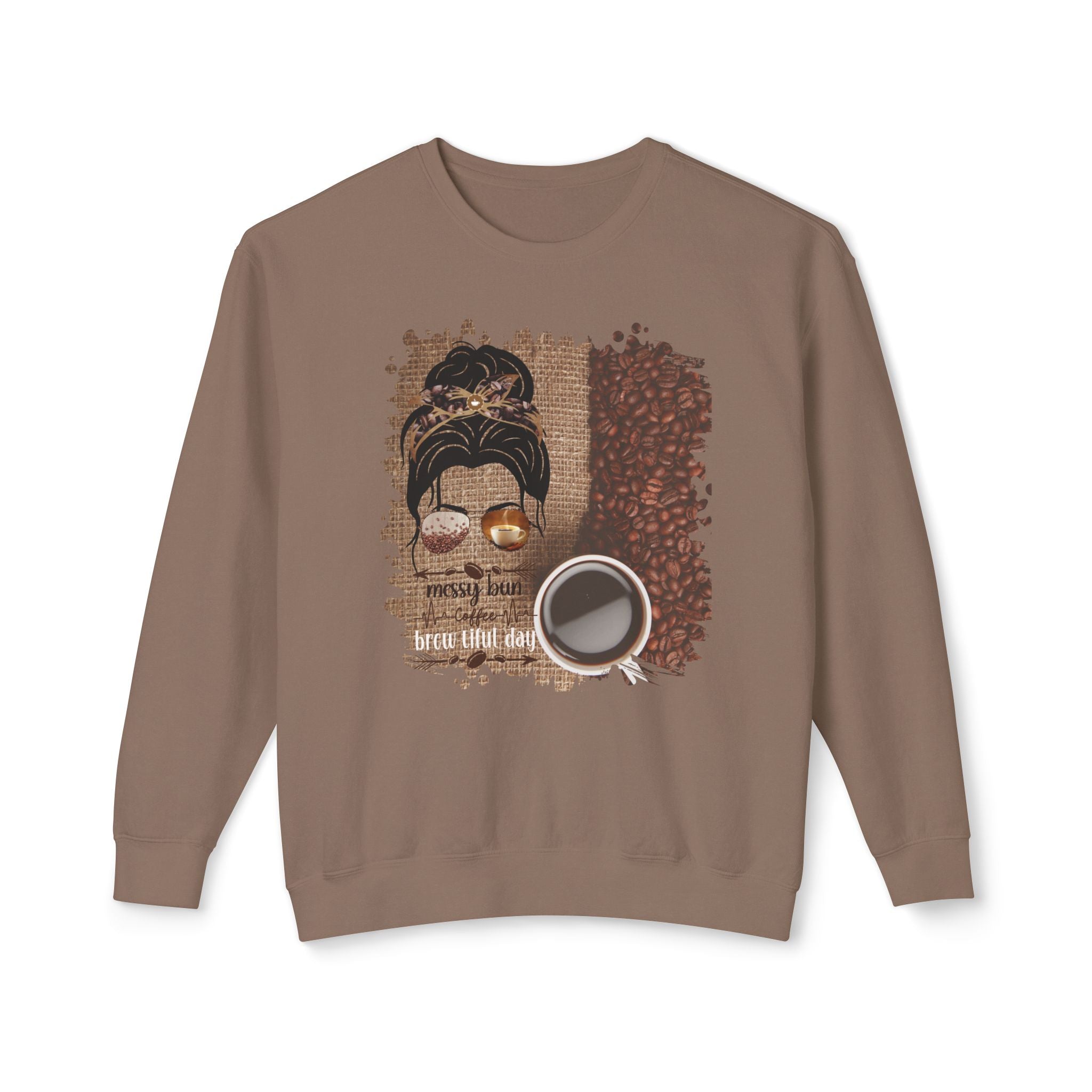 Coffee Heartbeat, Coffee Beans Bag, Dark Hair Messy Bun, Unisex Lightweight Crewneck Sweatshirt