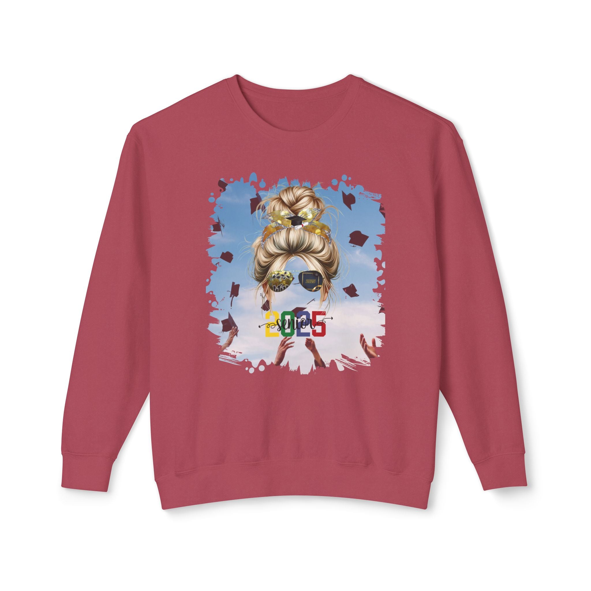 Senior 2025 Colorful, Celebration, Blond Hair Messy Bun, Unisex Lightweight Crewneck Sweatshirt