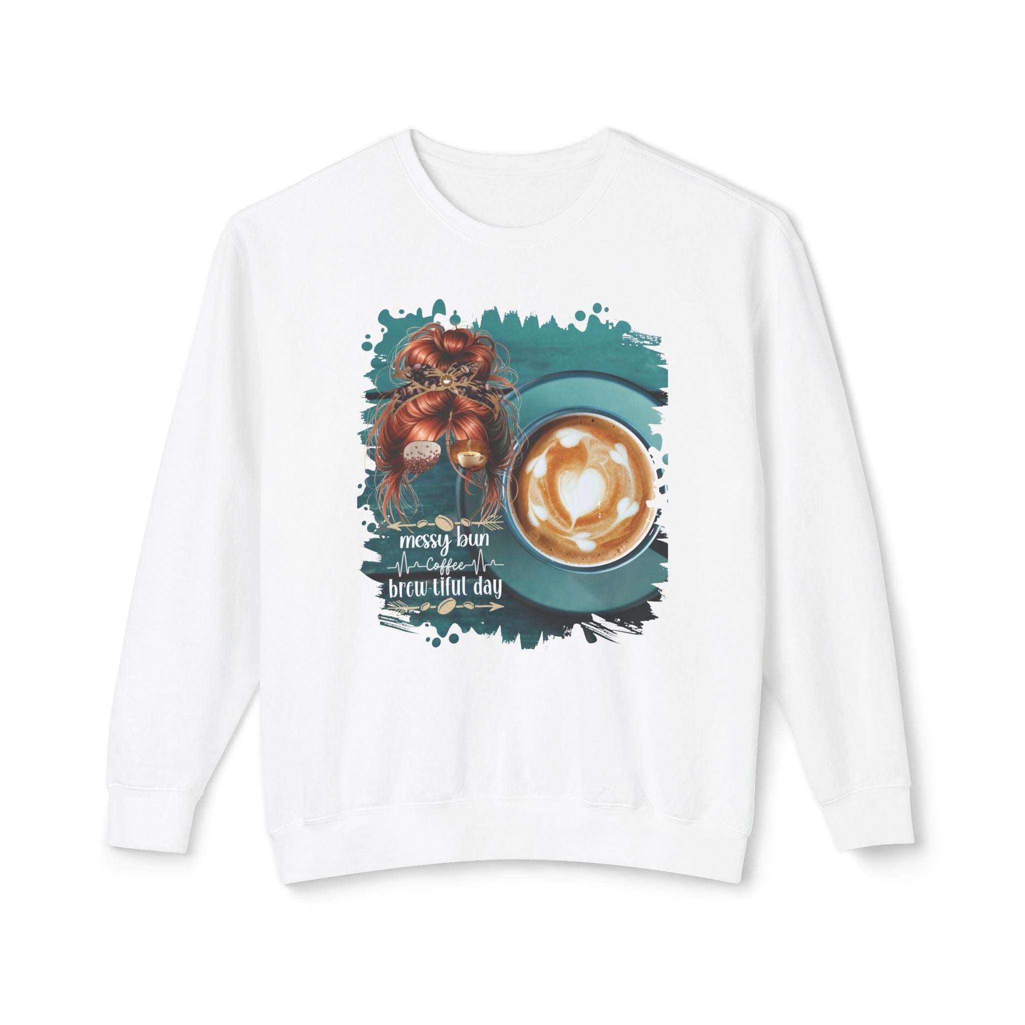 Coffee Heartbeat, Coffee Cup, Red Hair Messy Bun, Unisex Lightweight Crewneck Sweatshirt