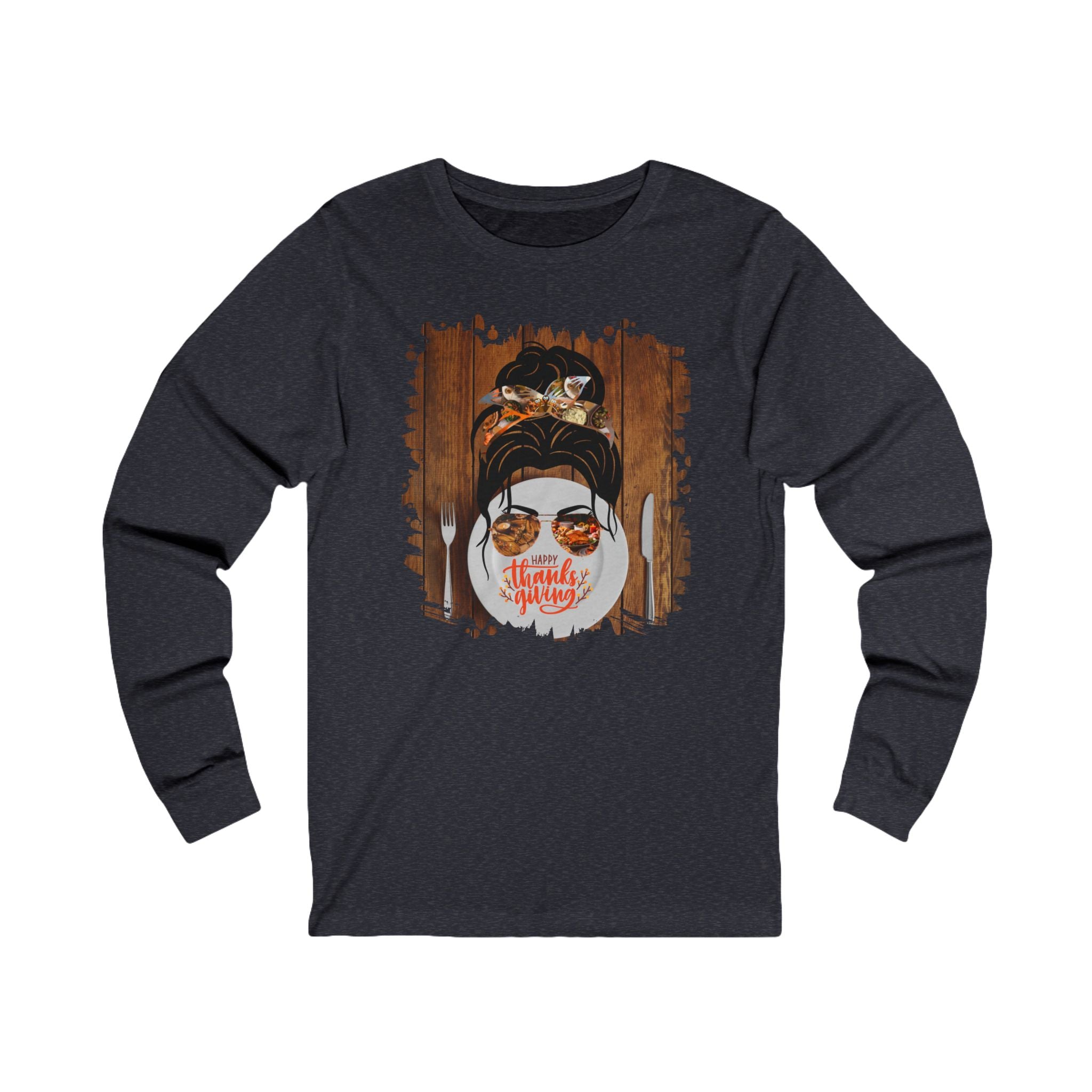 Happy Thanksgiving Plate Setting, Dark Hair Messy Bun, Unisex Jersey Long Sleeve Tee