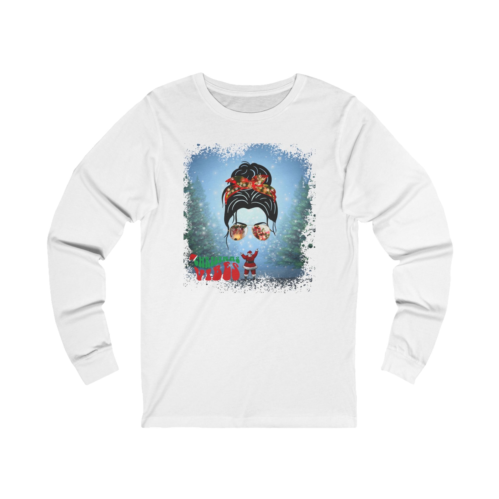 Christmas Vibes Santa, Dark Hair Messy Bun, Unisex Jersey Long Sleeve Tee