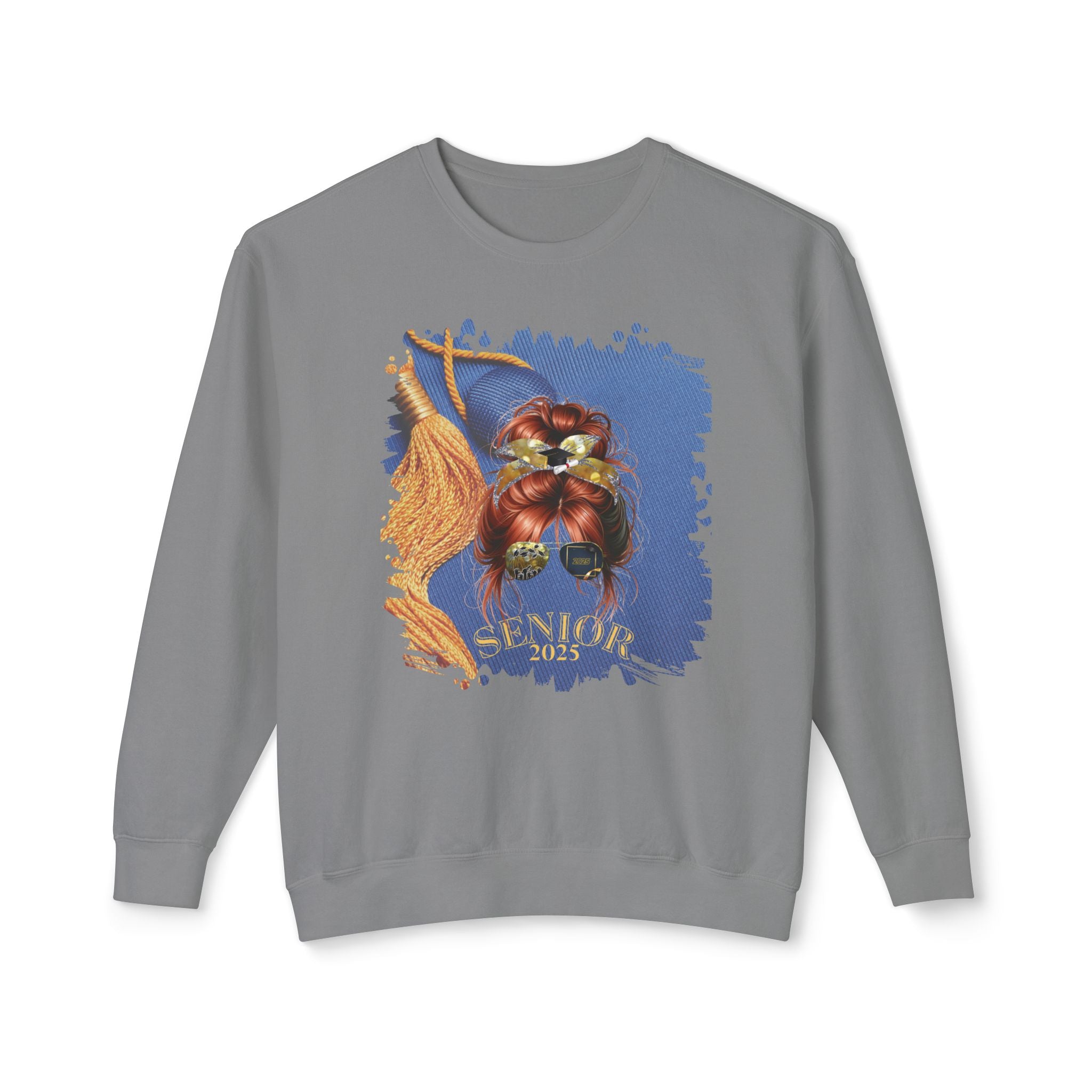 Senior 2025, Graduation Cap, Red Hair Messy Bun, Unisex Lightweight Crewneck Sweatshirt