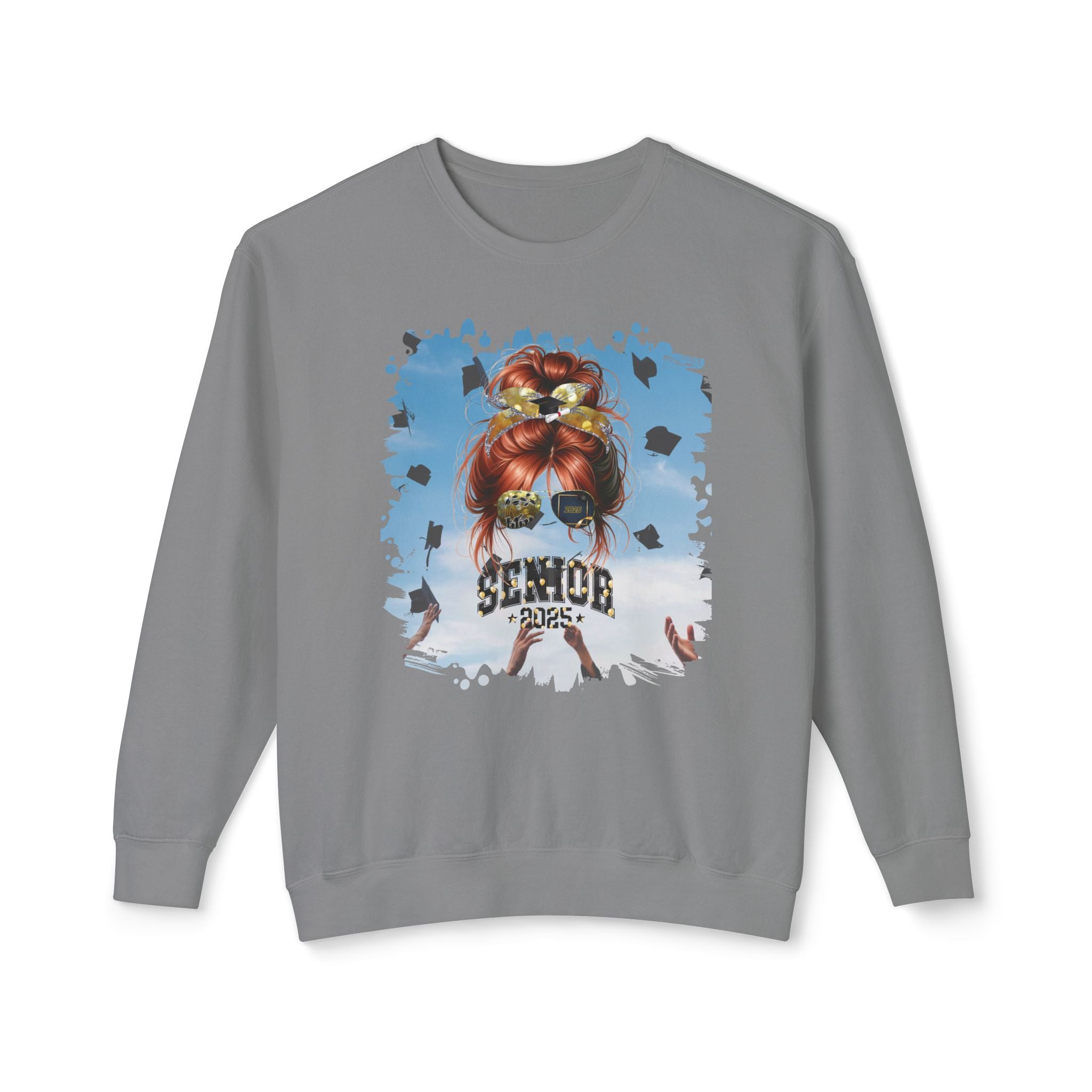 Senior 2025 Balloons, Celebration, Red Hair Messy Bun, Unisex Lightweight Crewneck Sweatshirt