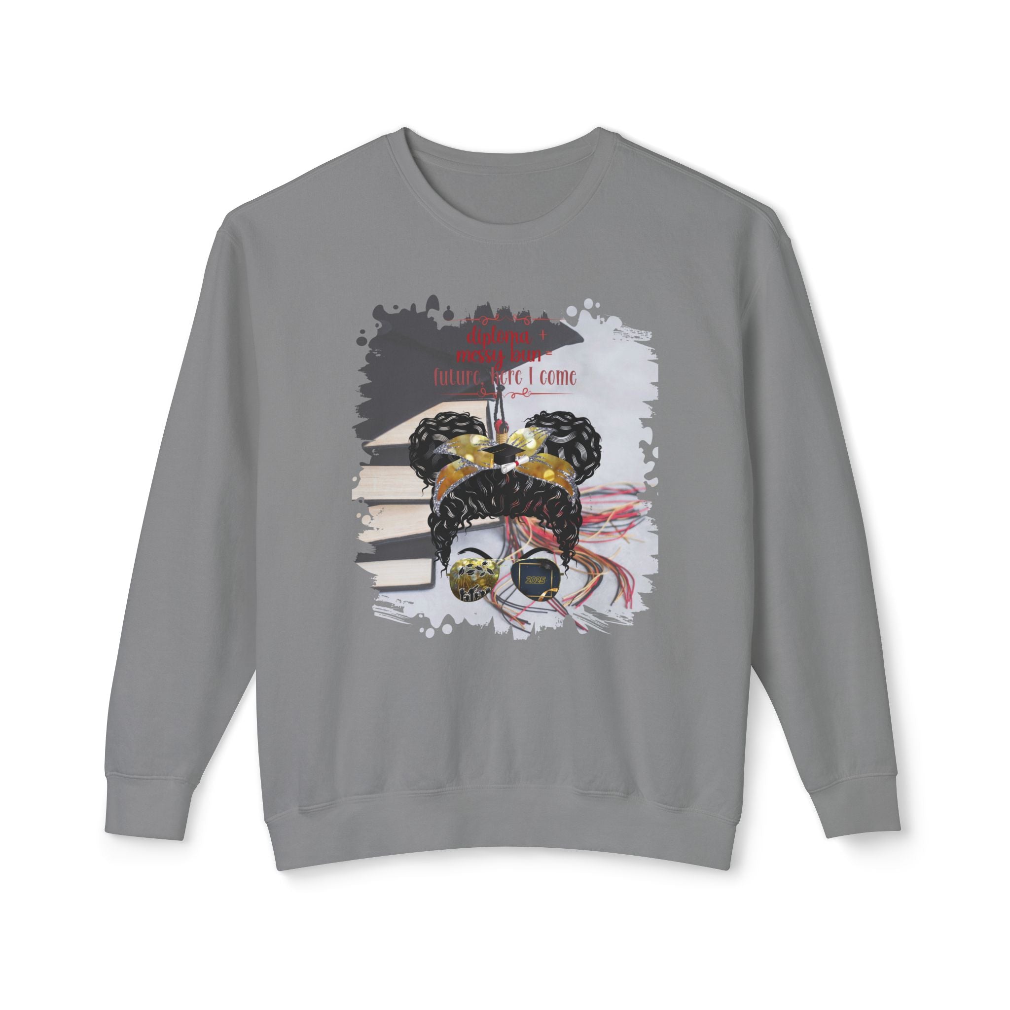 Diploma + Messy Bun, Cap & Books, Black Hair Messy Bun, Unisex Lightweight Crewneck Sweatshirt