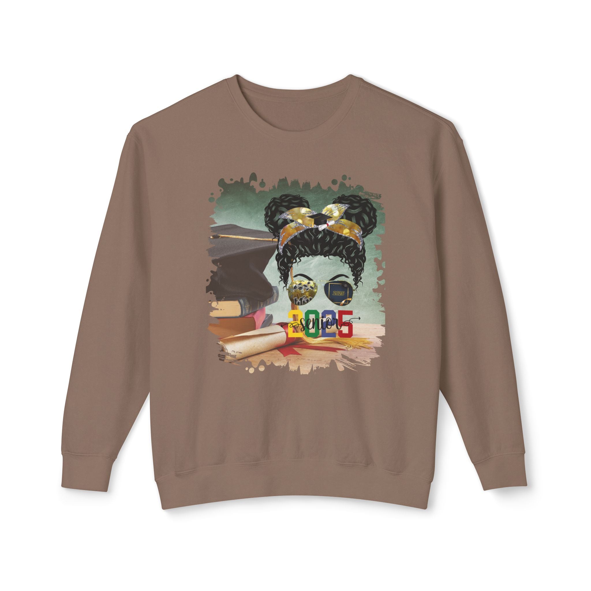 Senior 2025 Colorful, Cap & Degree/Diploma, Black Hair Messy Bun, Unisex Lightweight Crewneck Sweatshirt