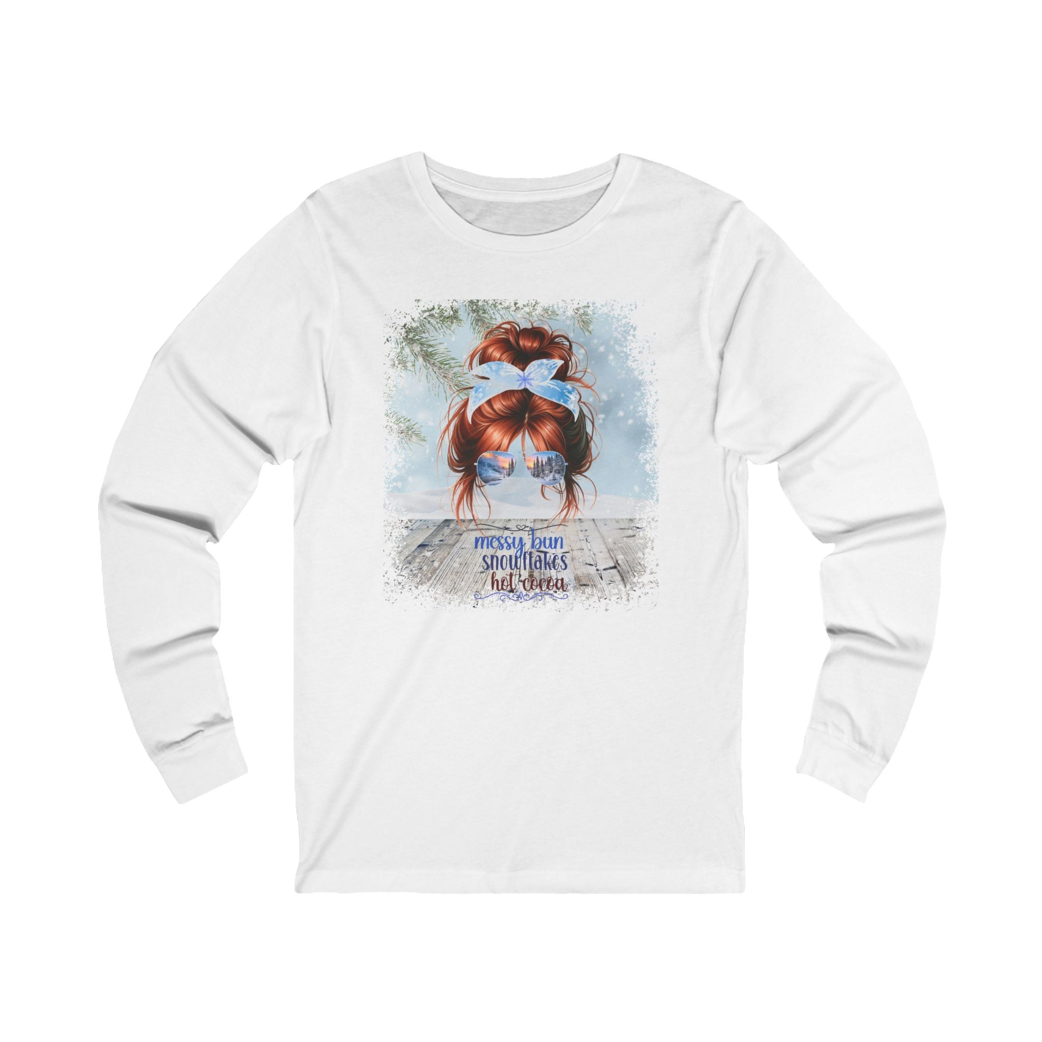 Messy Bun Winter Snowy Porch, Red Hair Messy Bun, Unisex Jersey Long Sleeve Tee