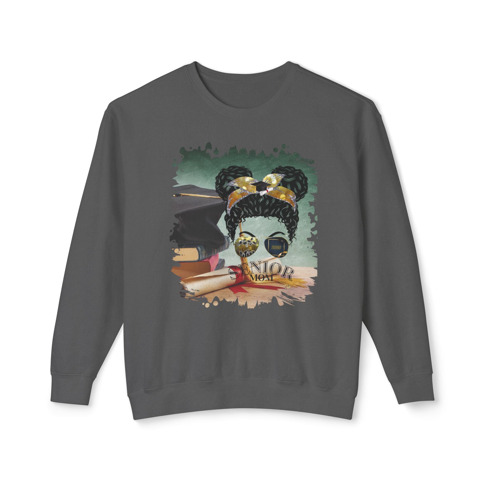 Senior Mom, Cap & Degree/Diploma, Black Hair Messy Bun, Unisex Lightweight Crewneck Sweatshirt