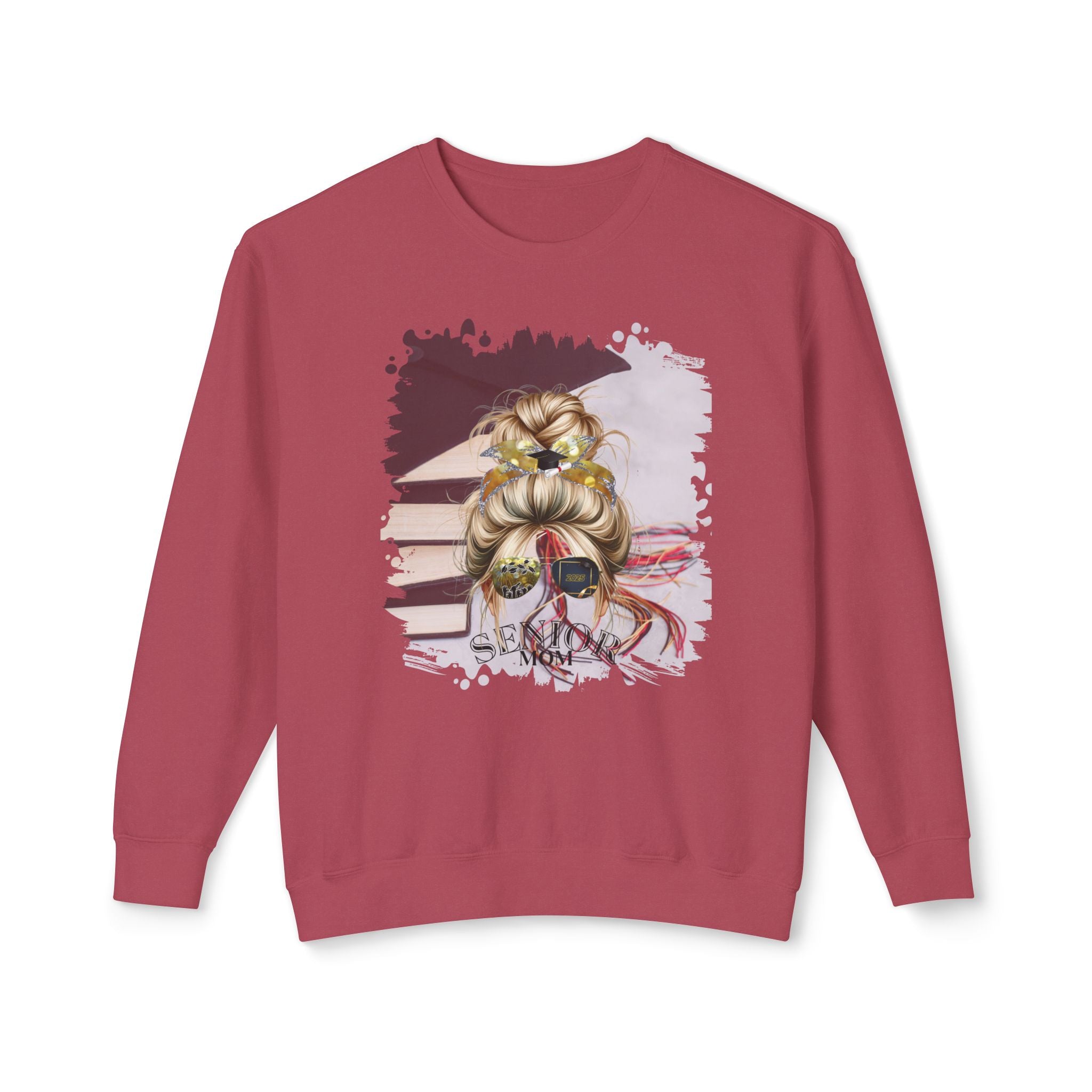 Senior Mom, Cap & Books, Blond Hair Messy Bun, Unisex Lightweight Crewneck Sweatshirt