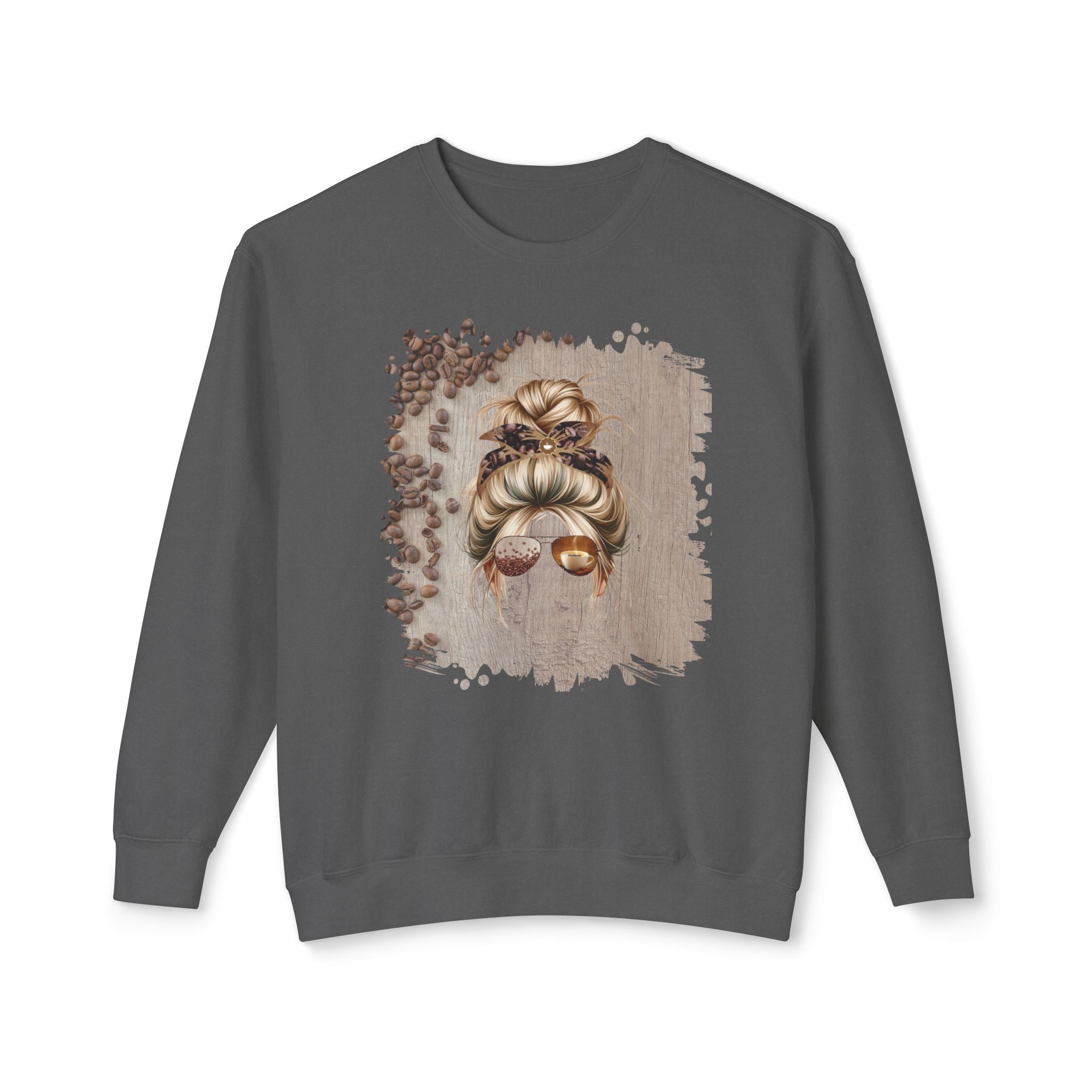 Coffee Beans Table, Blond Hair Messy Bun, Unisex Lightweight Crewneck Sweatshirt