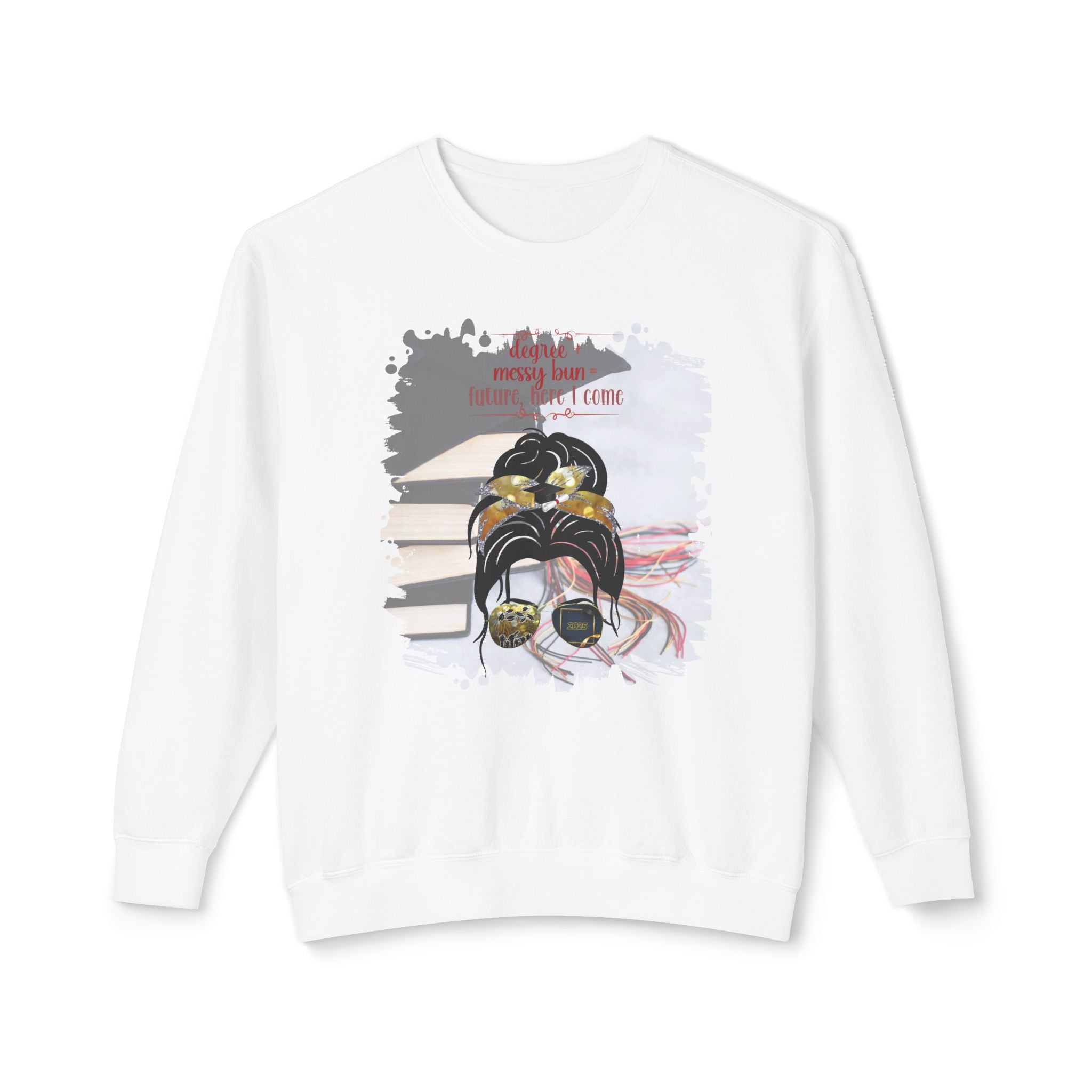 Degree + Messy Bun, Cap & Books, Dark Hair Messy Bun, Unisex Lightweight Crewneck Sweatshirt