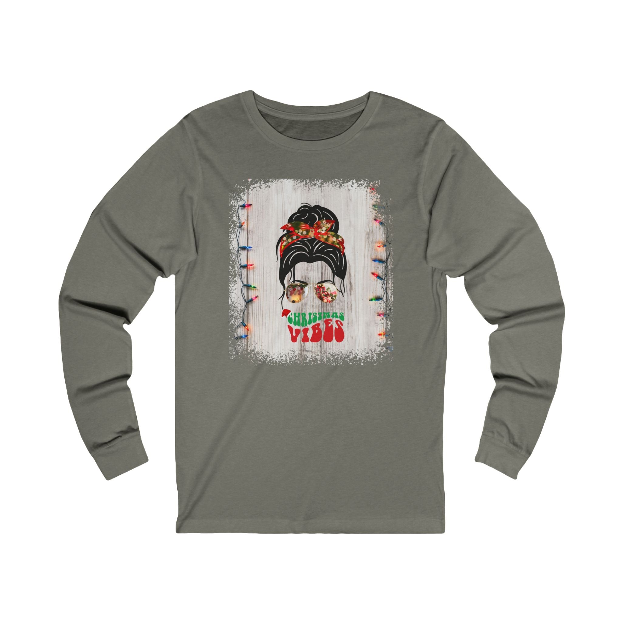 Christmas Vibes Christmas Lights String, Dark Hair Messy Bun, Unisex Jersey Long Sleeve Tee