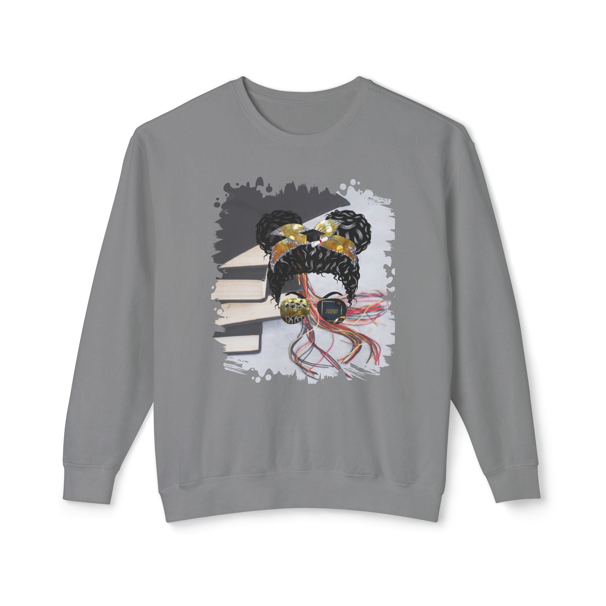 Cap & Books, Black Hair Messy Bun, Unisex Lightweight Crewneck Sweatshirt