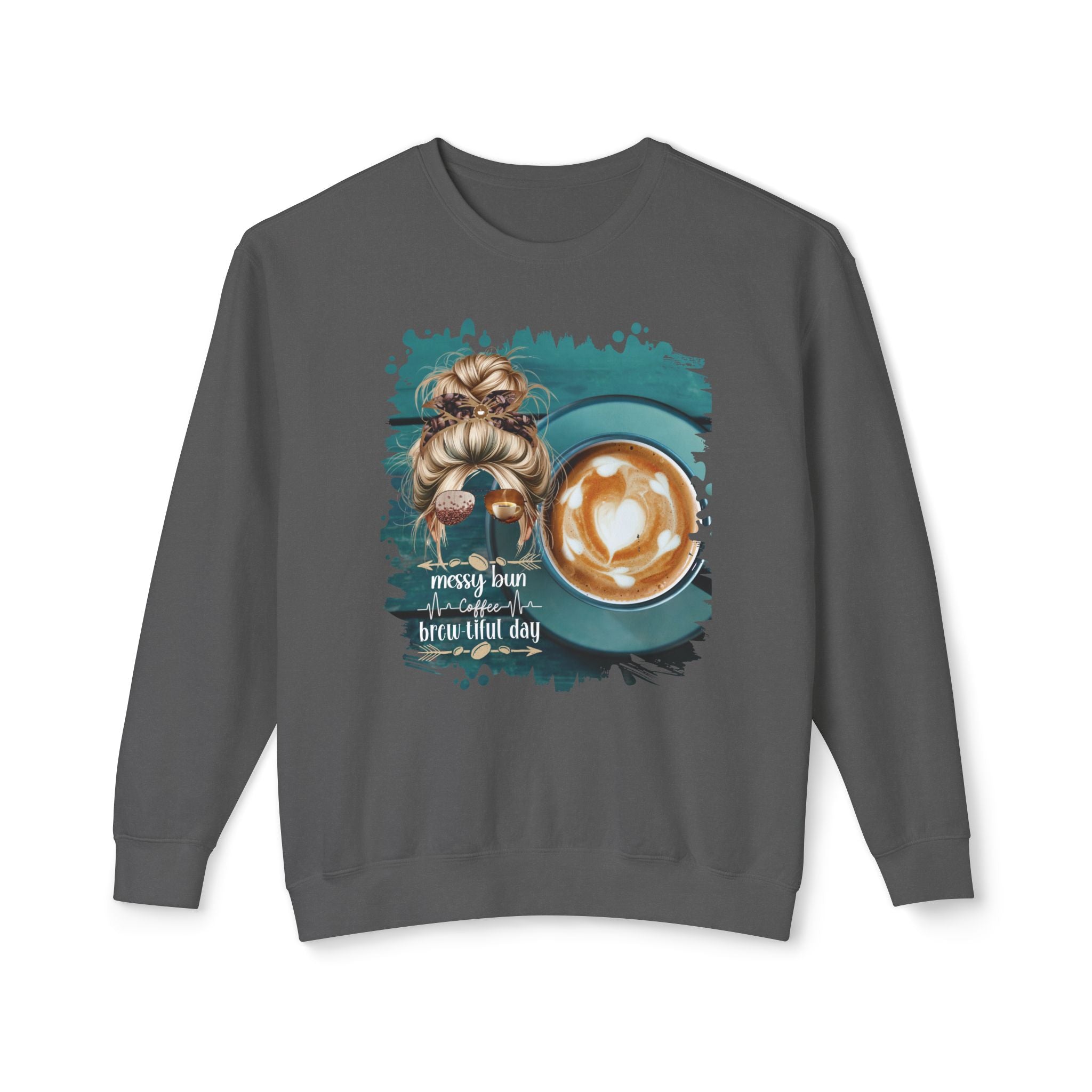 Coffee Heartbeat, Coffee Cup, Blond Hair Messy Bun, Unisex Lightweight Crewneck Sweatshirt