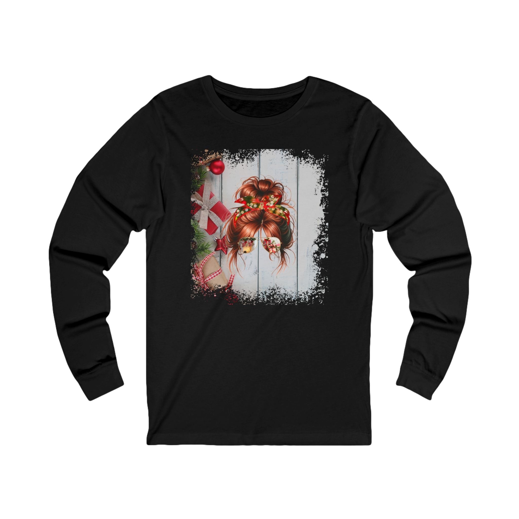 Christmas Presents, Red Hair Messy Bun, Unisex Jersey Long Sleeve Tee