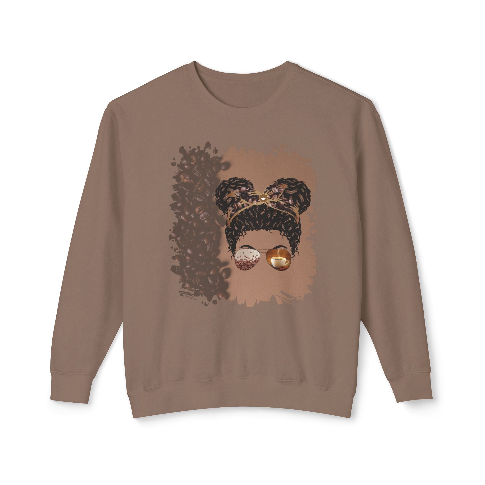 Coffee Beans Shade, Black Hair Messy Bun, Unisex Lightweight Crewneck Sweatshirt