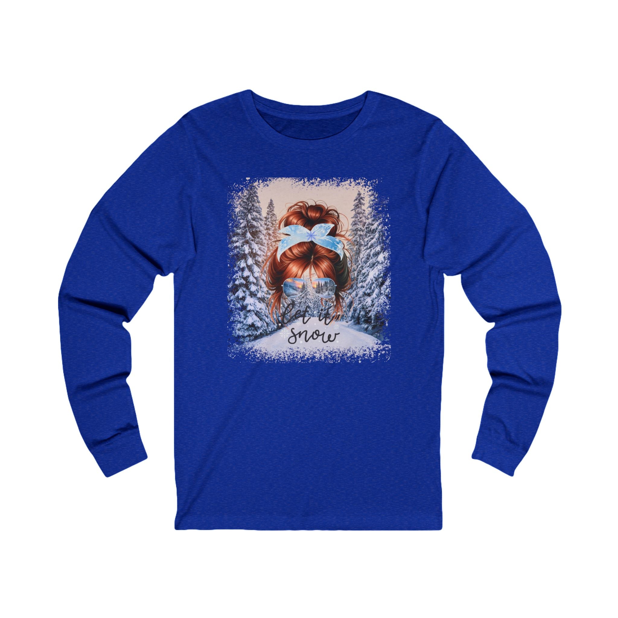 Let it Snow Winter Trail, Red Hair Messy Bun, Unisex Jersey Long Sleeve Tee