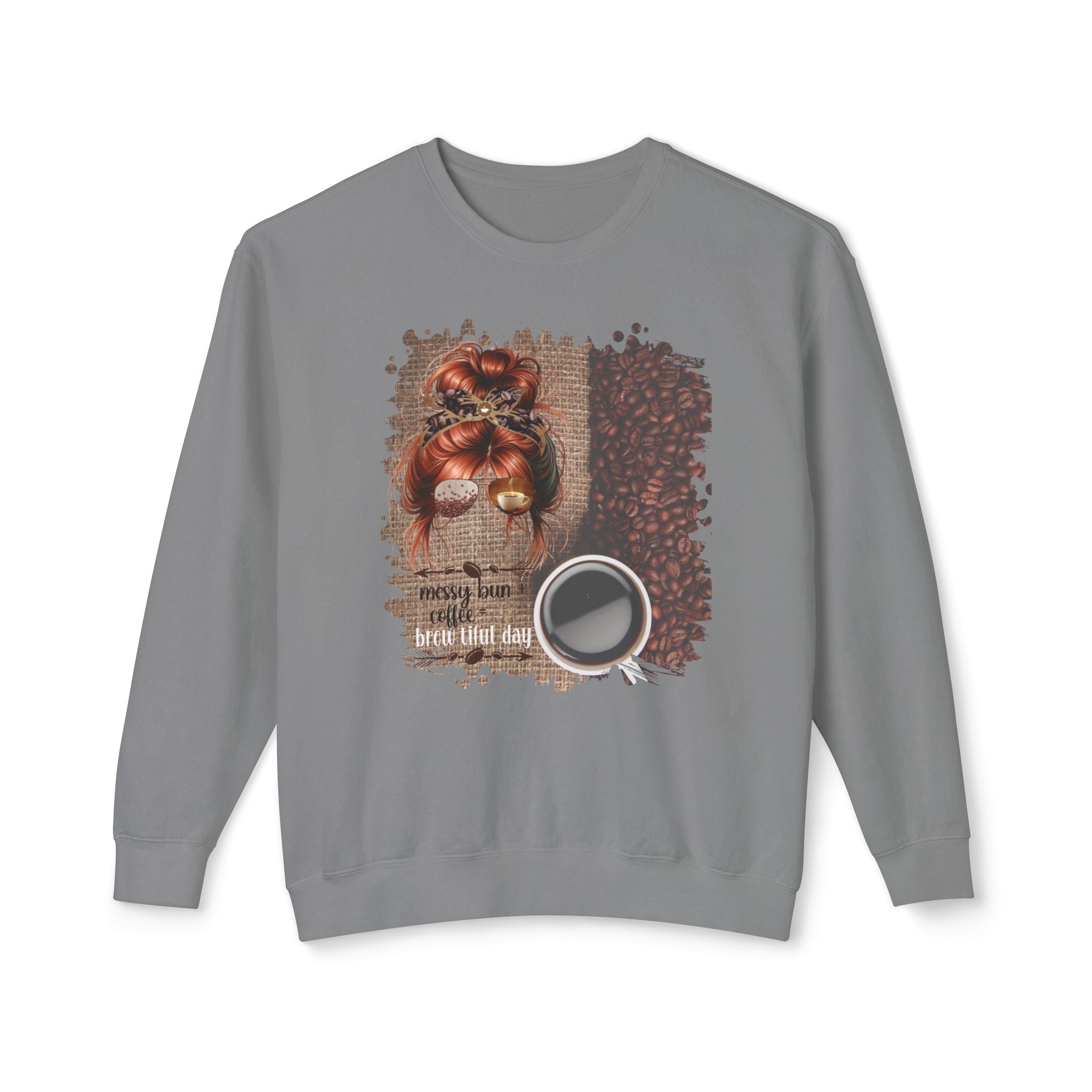 Messy Bun plus Coffee, Coffee Beans Bag, Red Hair Messy Bun, Unisex Lightweight Crewneck Sweatshirt