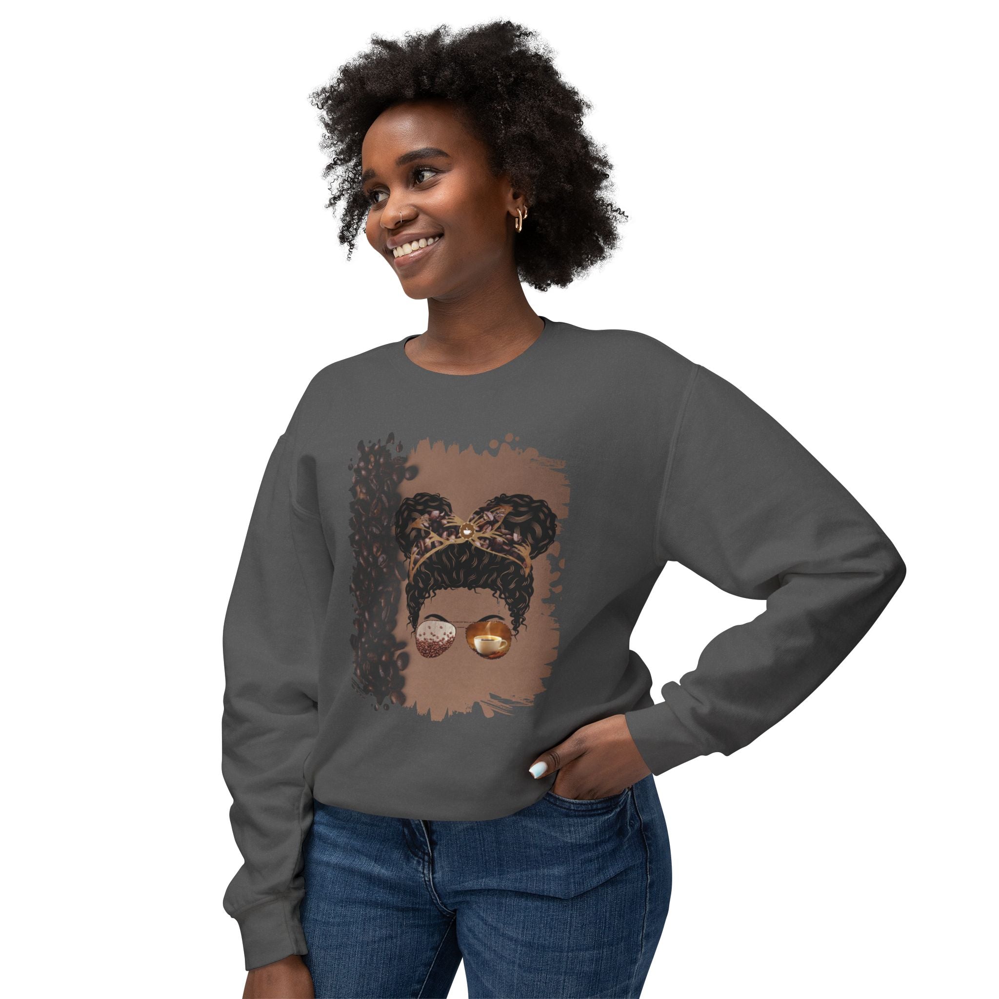 Coffee Beans Shade, Black Hair Messy Bun, Unisex Lightweight Crewneck Sweatshirt