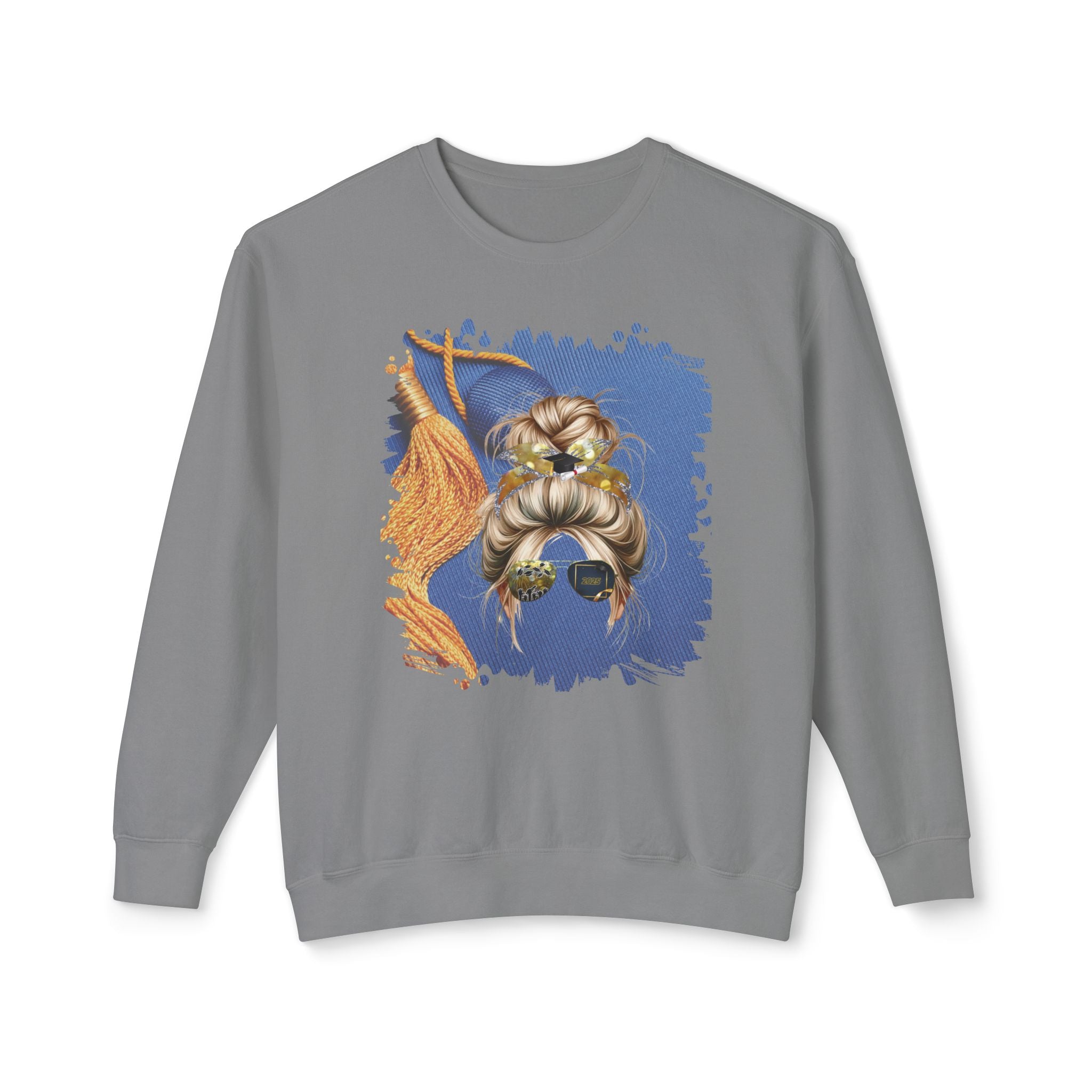 Graduation Cap, Blond Hair Messy Bun, Unisex Lightweight Crewneck Sweatshirt
