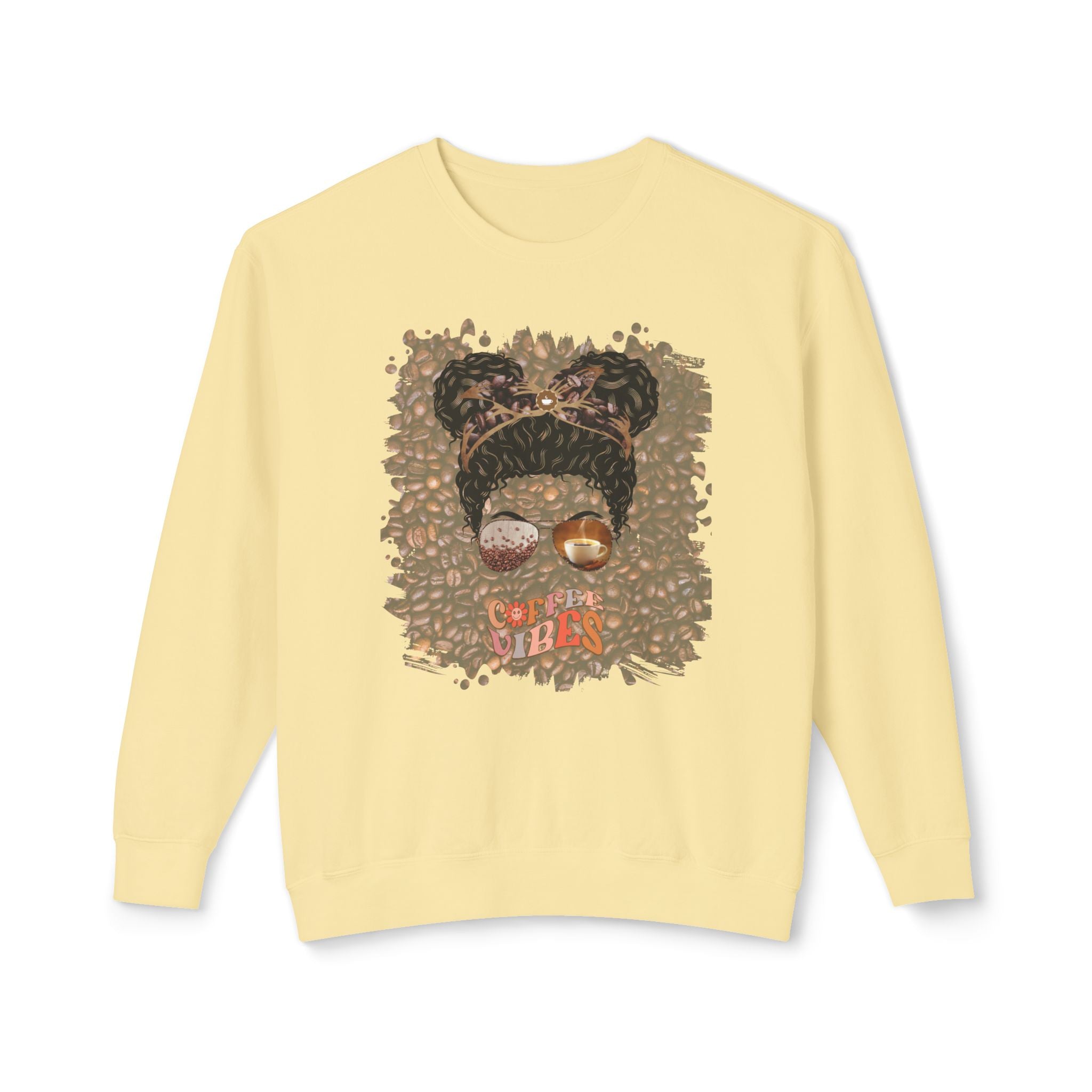 Coffee Vibes, Coffee Beans, Black Hair Messy Bun, Unisex Lightweight Crewneck Sweatshirt