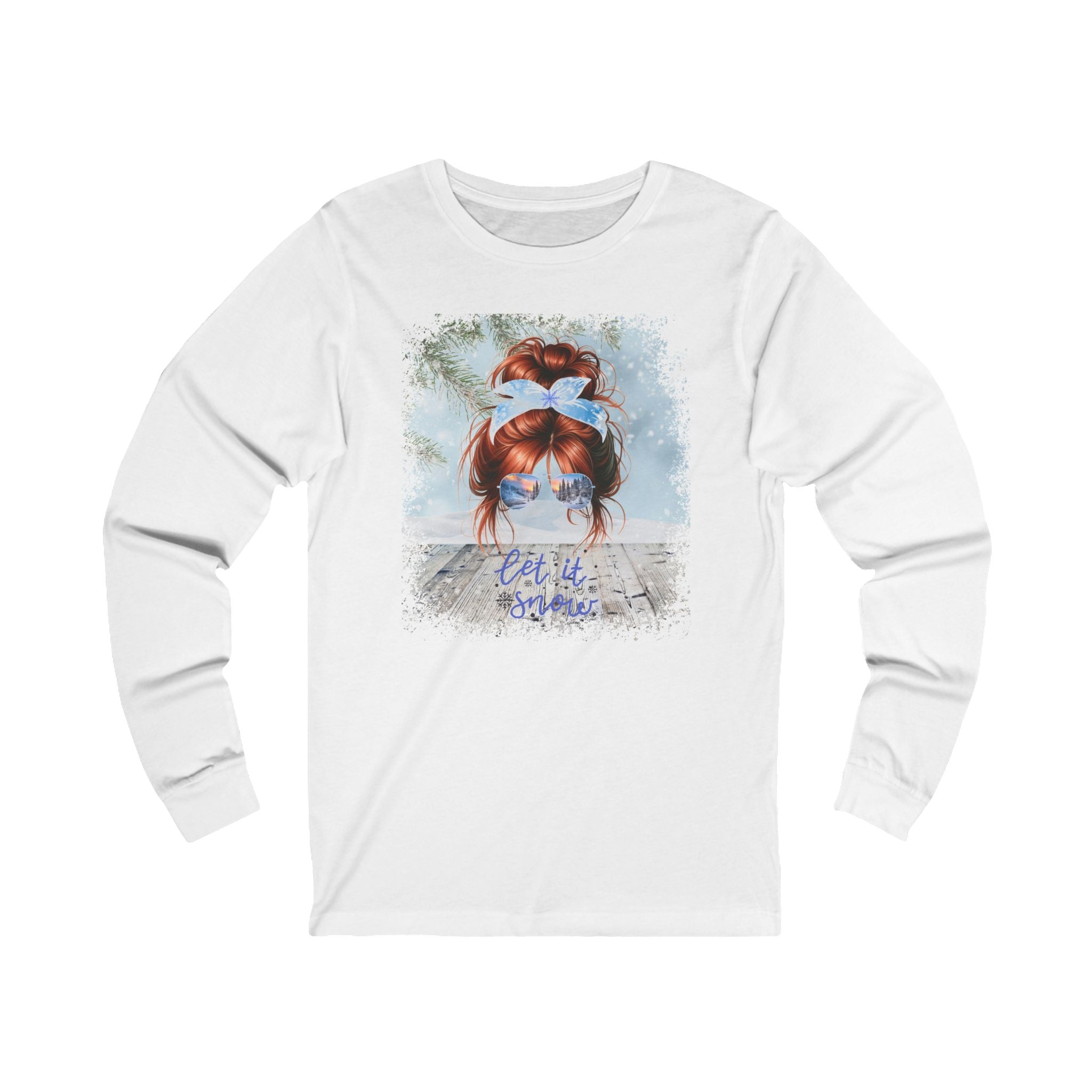 Let it Snow Winter Snowy Porch, Red Hair Messy Bun, Unisex Jersey Long Sleeve Tee