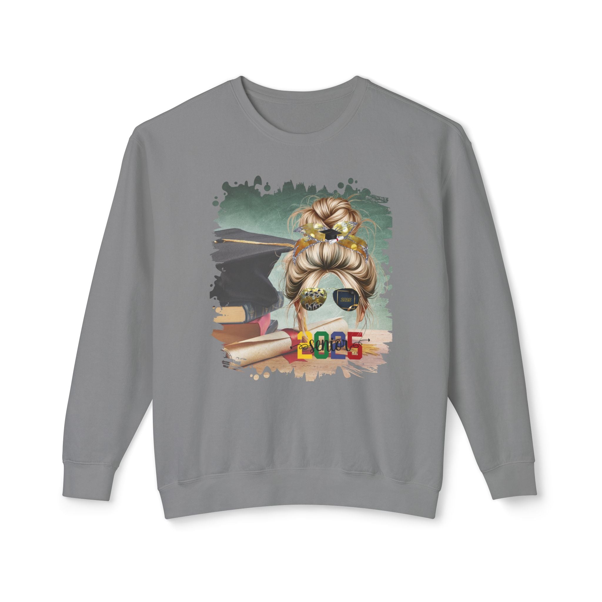 Senior 2025 Colorful, Cap & Degree/Diploma, Blond Hair Messy Bun, Unisex Lightweight Crewneck Sweatshirt