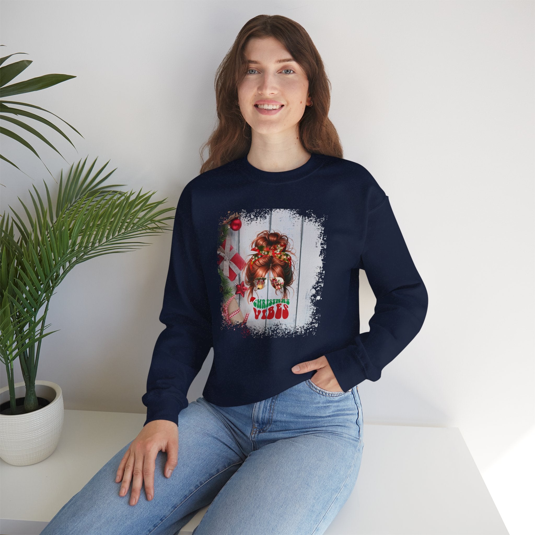 Christmas Vibes Christmas Presents, Red Hair Messy Bun, Unisex Heavy Blend™ Crewneck Sweatshirt