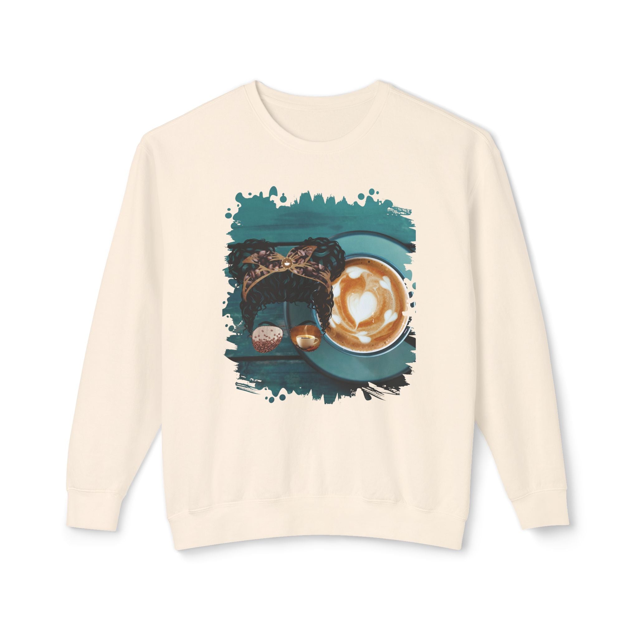 Coffee Cup, Black Hair Messy Bun, Unisex Lightweight Crewneck Sweatshirt