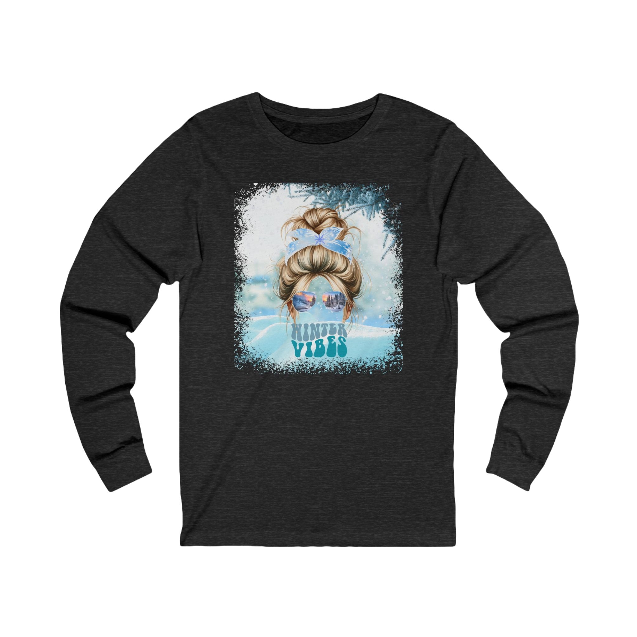 Winter Vibes Snow, Blond Hair Messy Bun, Unisex Jersey Long Sleeve Tee