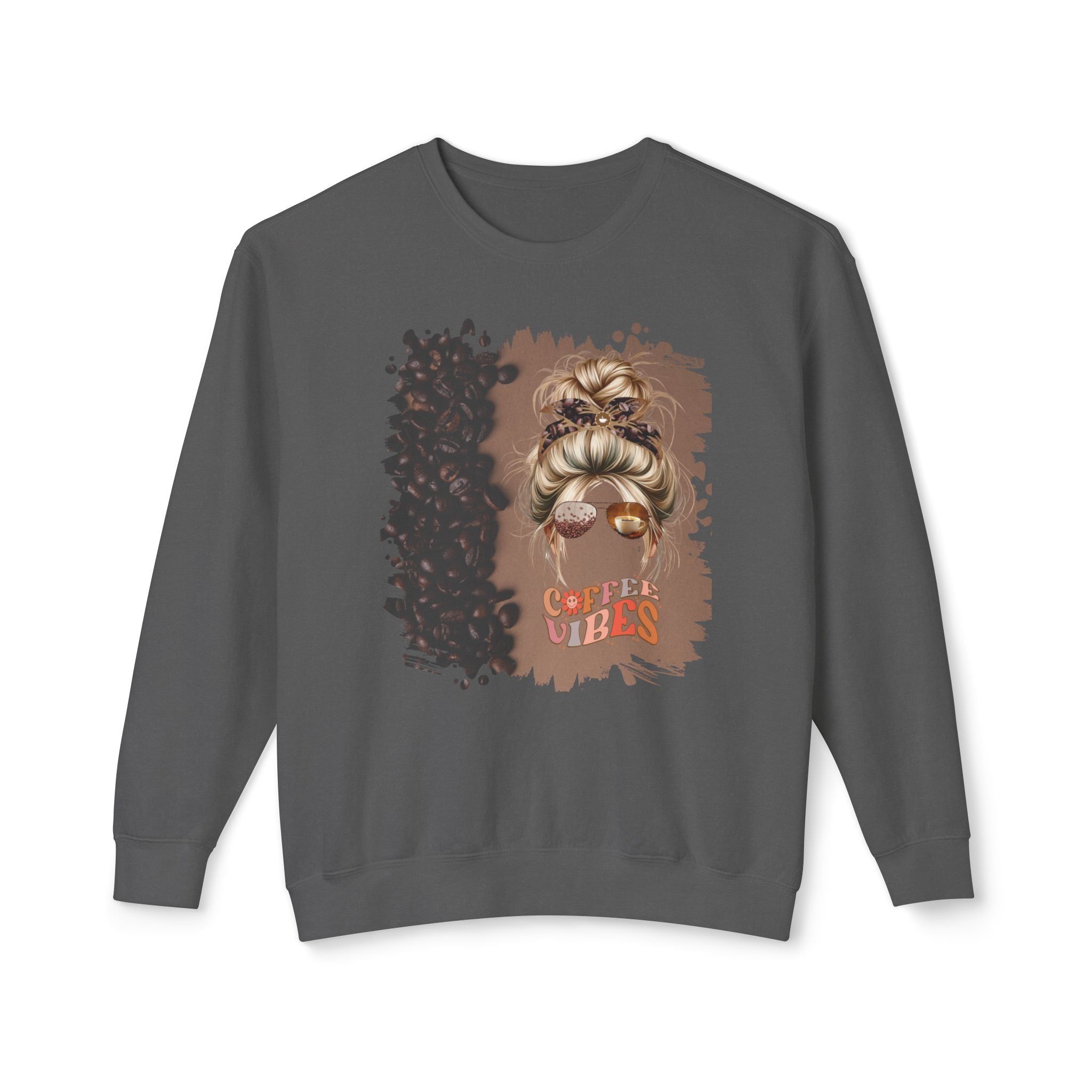 Coffee Vibes, Coffee Beans Shade, Blond Hair Messy Bun, Unisex Lightweight Crewneck Sweatshirt