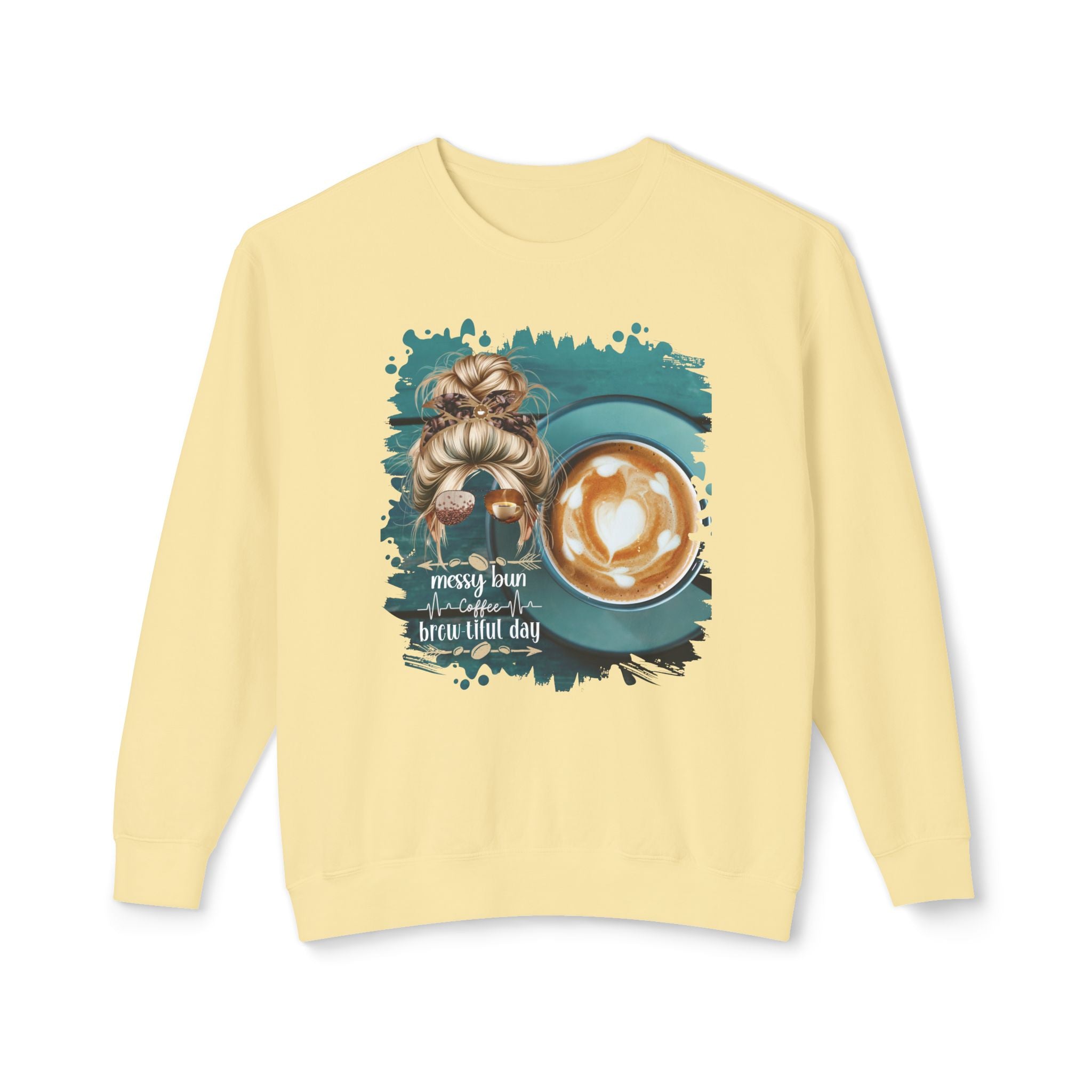 Coffee Heartbeat, Coffee Cup, Blond Hair Messy Bun, Unisex Lightweight Crewneck Sweatshirt