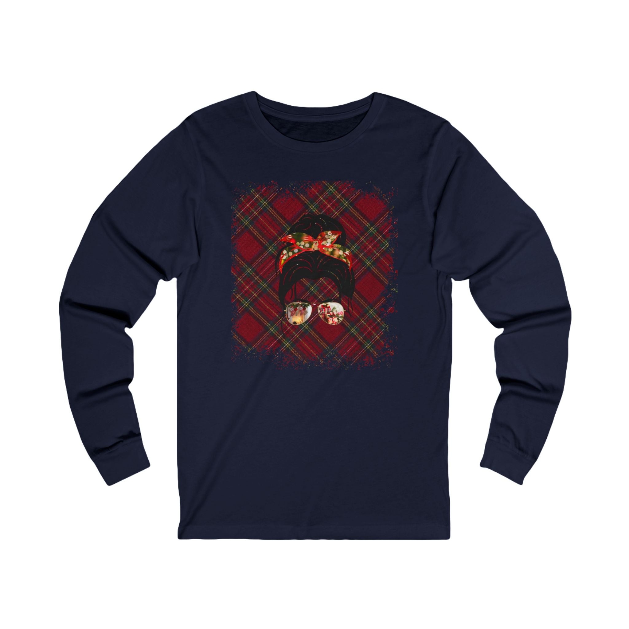 Christmas Plaid, Dark Hair Messy Bun, Unisex Jersey Long Sleeve Tee