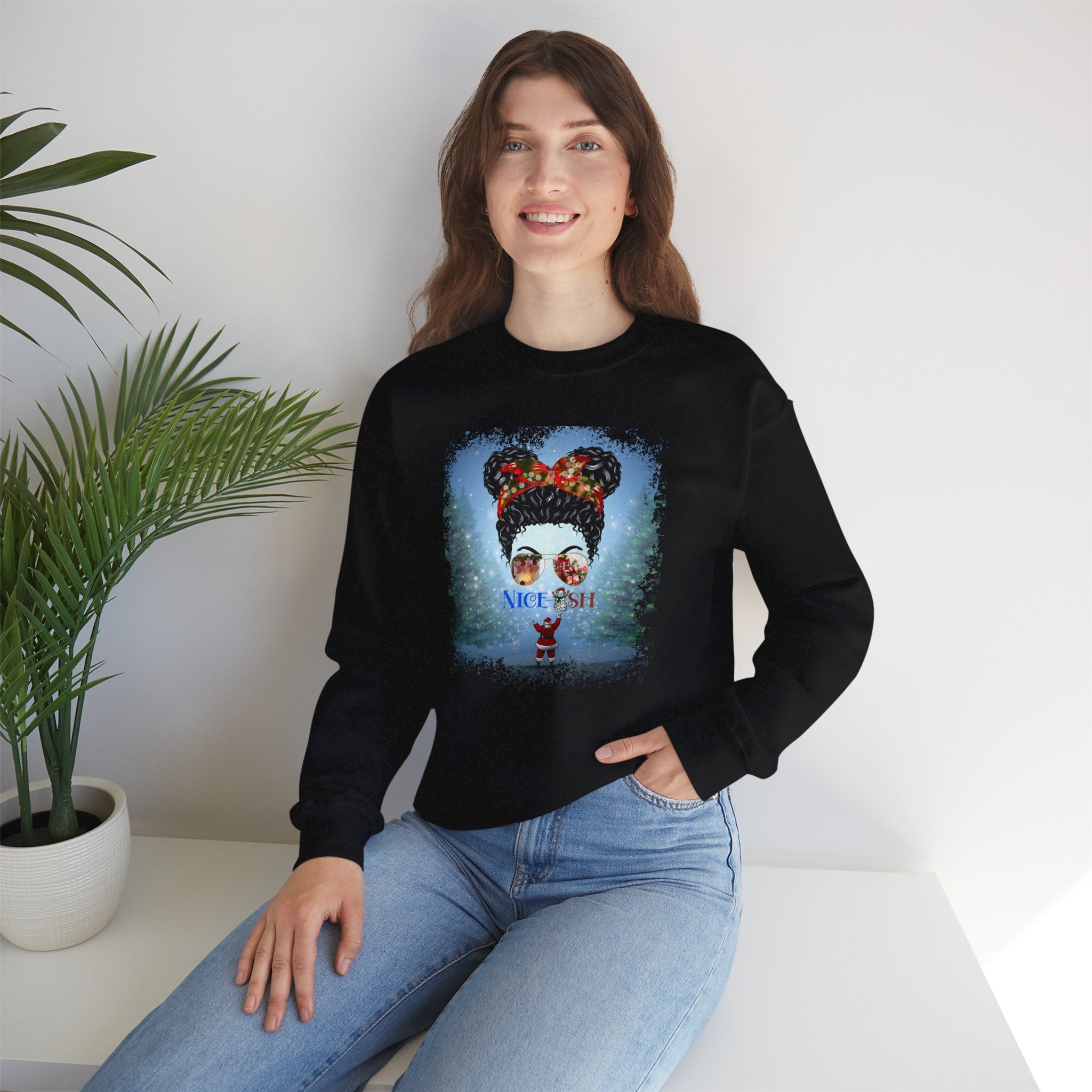 Nice-ish Santa, Black Hair Messy Bun, Unisex Heavy Blend™ Crewneck Sweatshirt