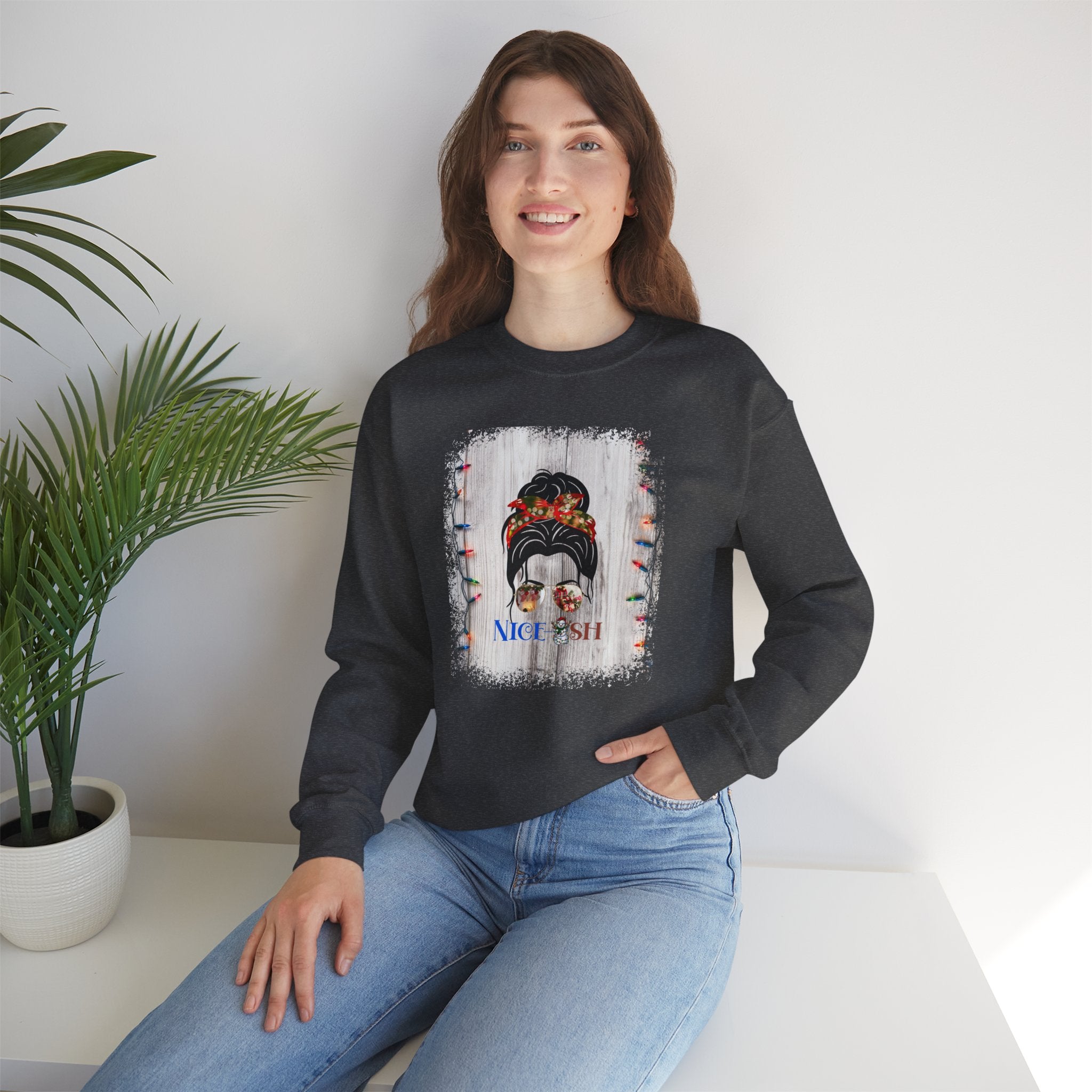 Nice-ish Christmas String Lights, Dark Hair Messy Bun, Unisex Heavy Blend™ Crewneck Sweatshirt