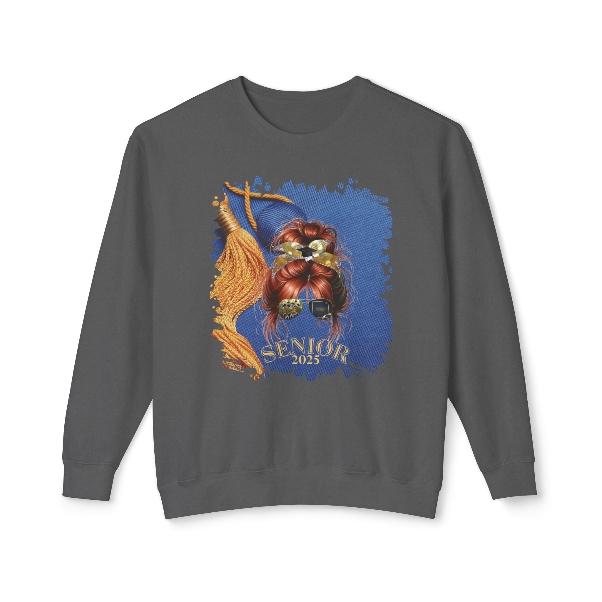Senior 2025, Graduation Cap, Red Hair Messy Bun, Unisex Lightweight Crewneck Sweatshirt