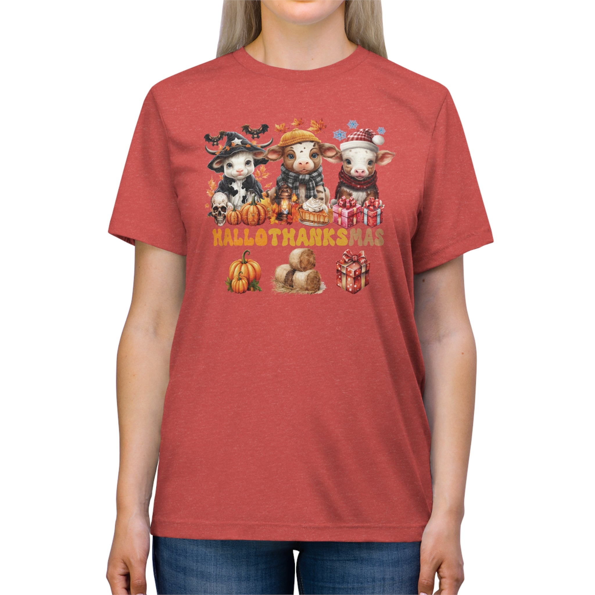 Spooky to Jolly - All-Season Celebration HalloThanksMas Tee (2), Unisex Triblend T-Shirt