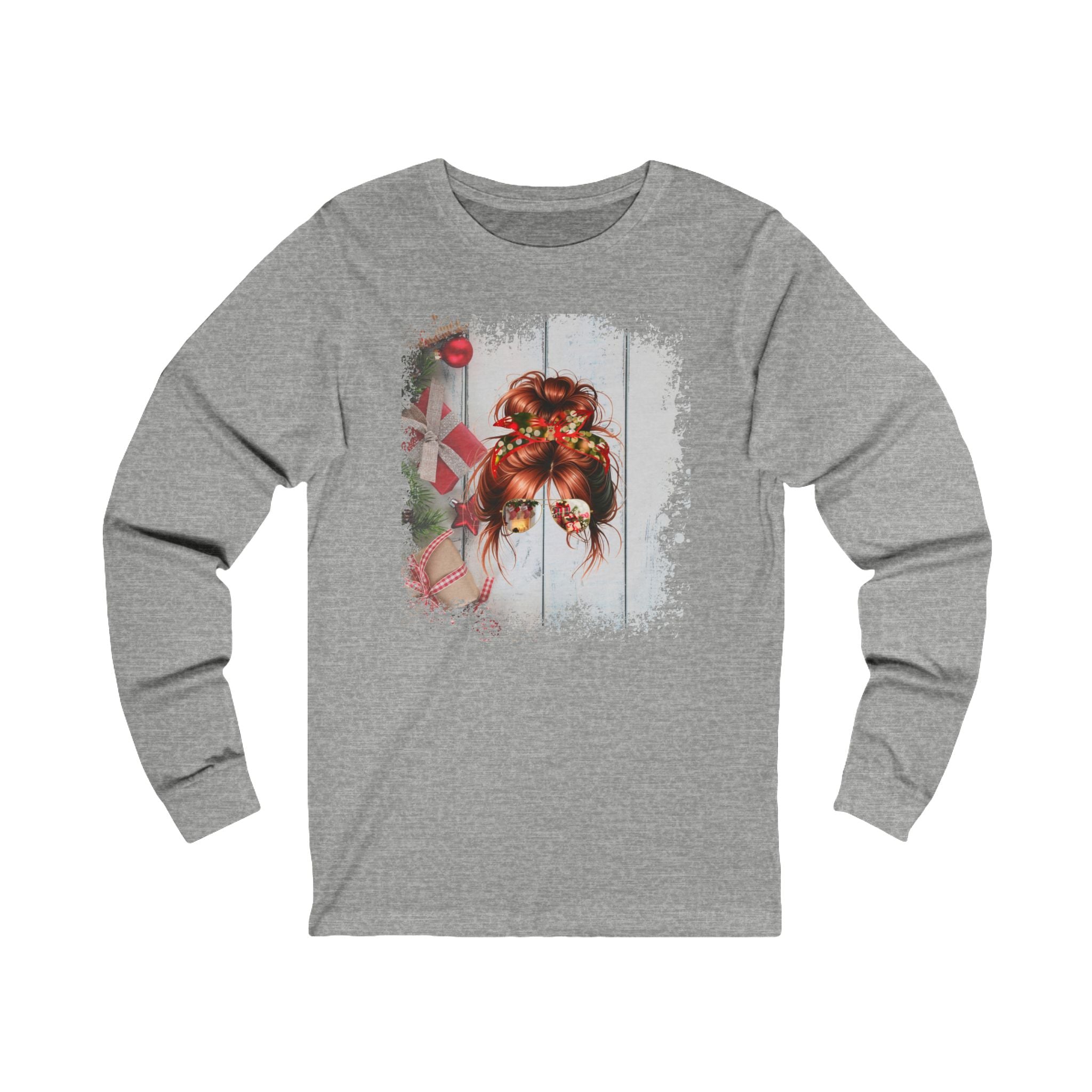 Christmas Presents, Red Hair Messy Bun, Unisex Jersey Long Sleeve Tee