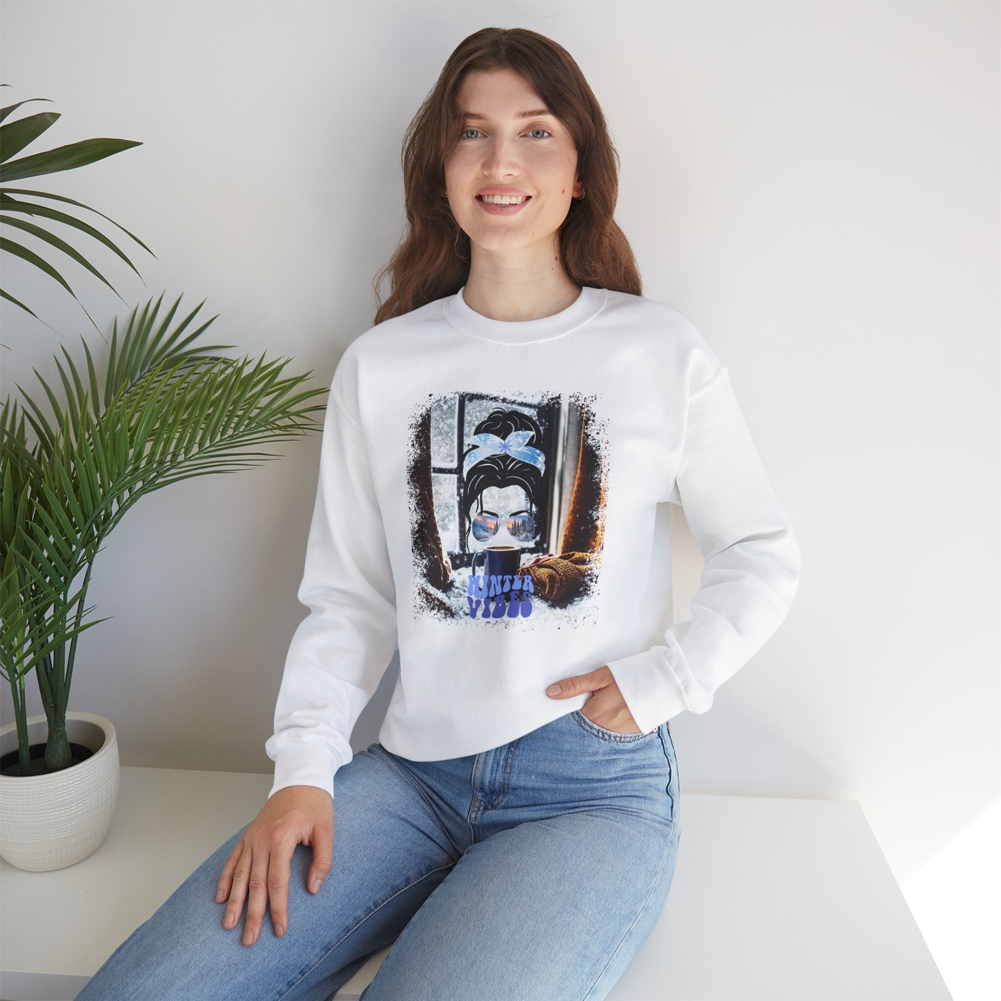 Winter Vibes Winter Sweater, Dark Hair Messy Bun, Unisex Heavy Blend™ Crewneck Sweatshirt