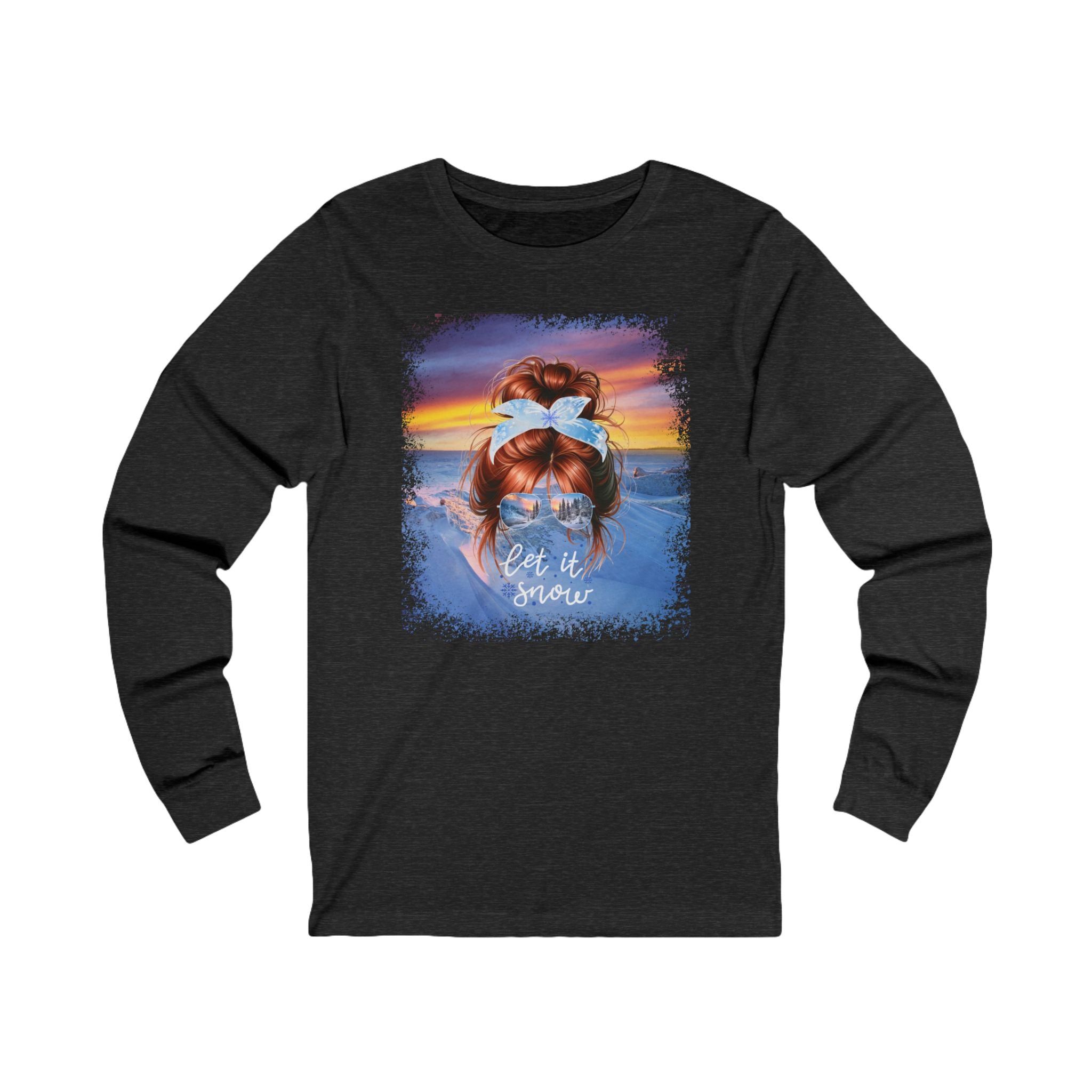 Let it Snow Winter Mountain, Red Hair Messy Bun, Unisex Jersey Long Sleeve Tee