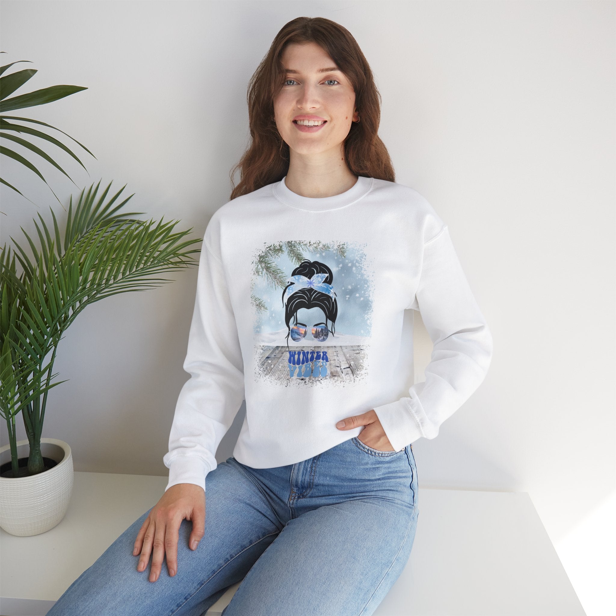 Winter Vibes Snowy Porch, Dark Hair Messy Bun, Unisex Heavy Blend™ Crewneck Sweatshirt