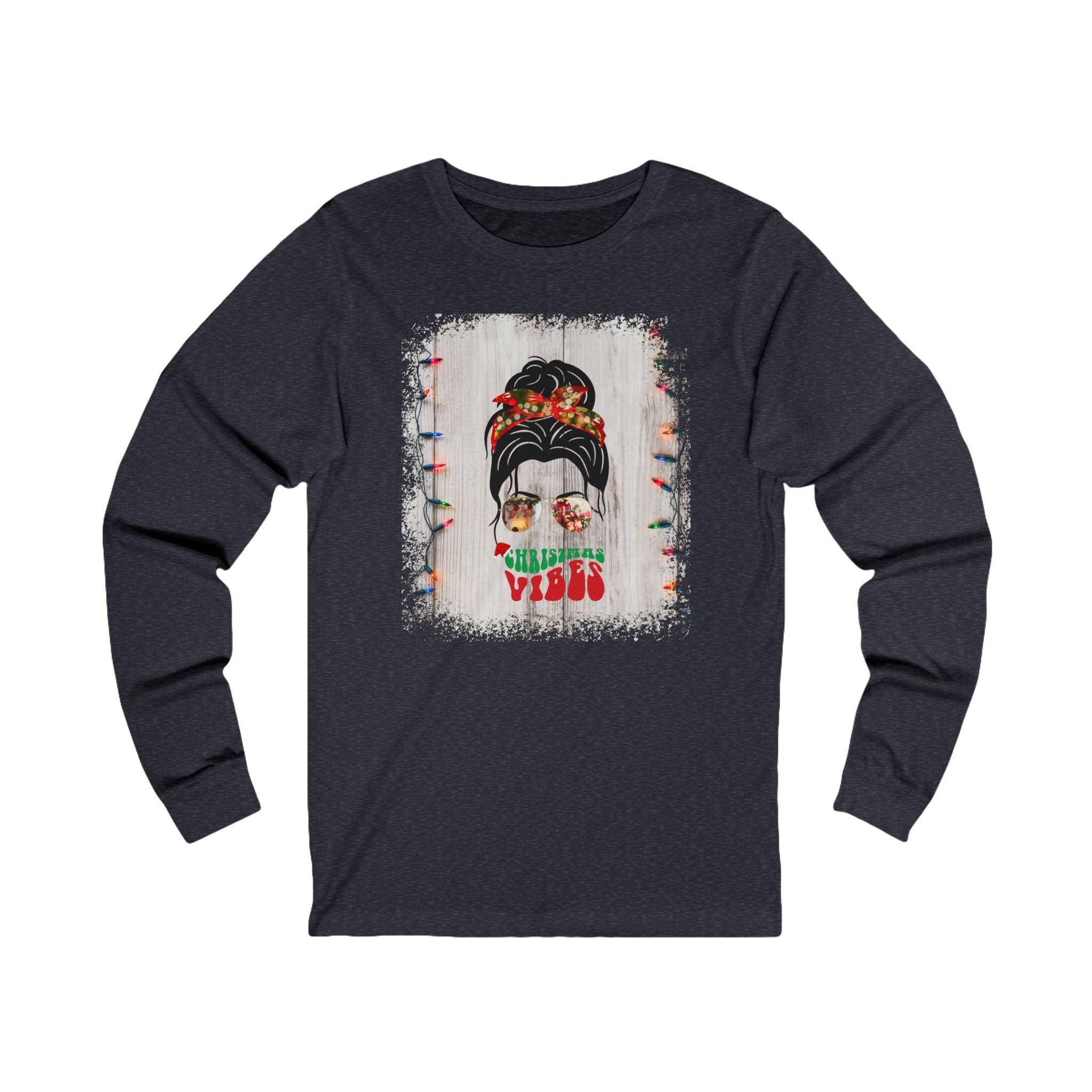 Christmas Vibes Christmas Lights String, Dark Hair Messy Bun, Unisex Jersey Long Sleeve Tee