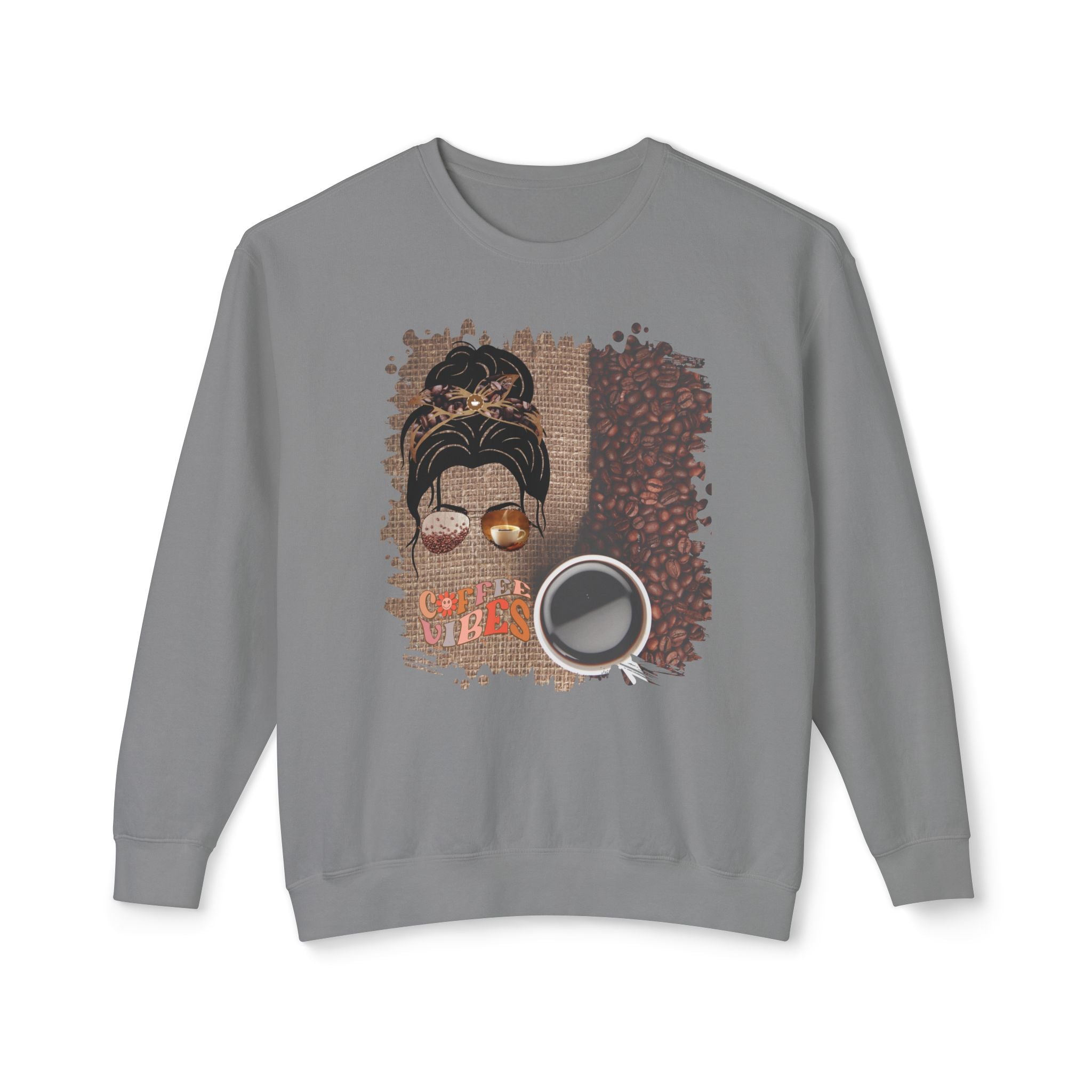 Coffee Vibes, Coffee Beans Bag, Dark Hair Messy Bun, Unisex Lightweight Crewneck Sweatshirt