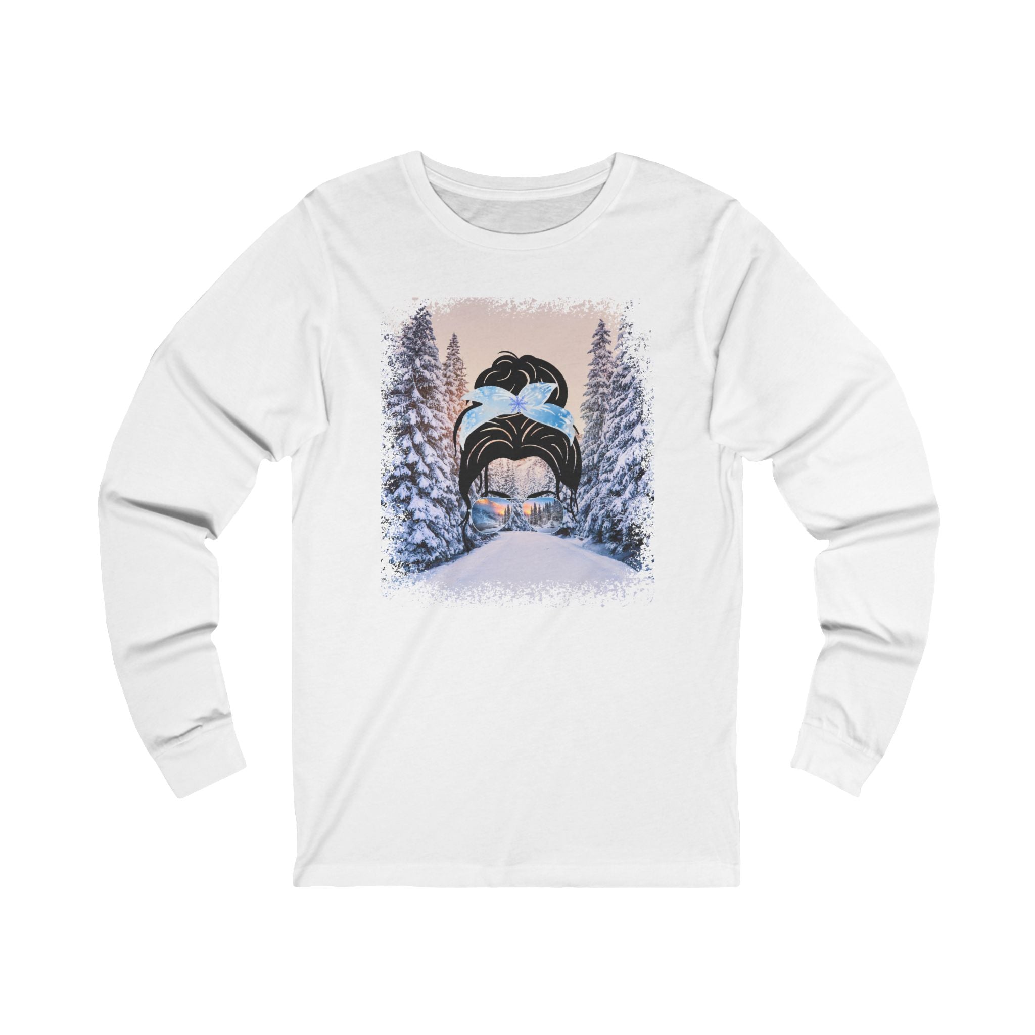 Winter Trail, Dark Hair Messy Bun, Unisex Jersey Long Sleeve Tee