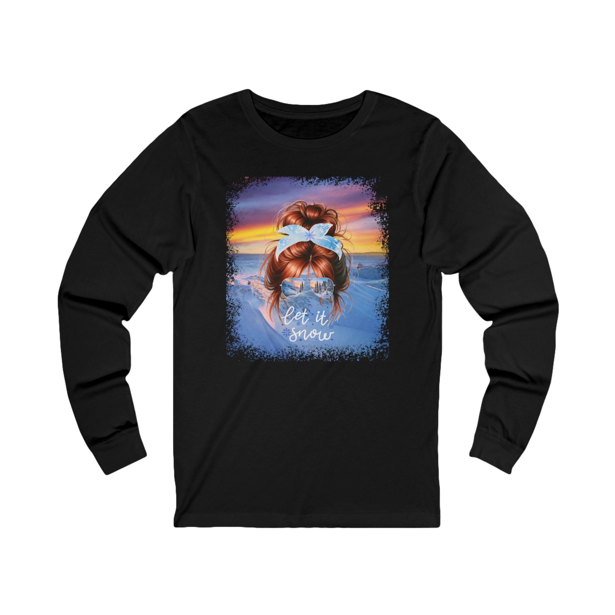 Let it Snow Winter Mountain, Red Hair Messy Bun, Unisex Jersey Long Sleeve Tee