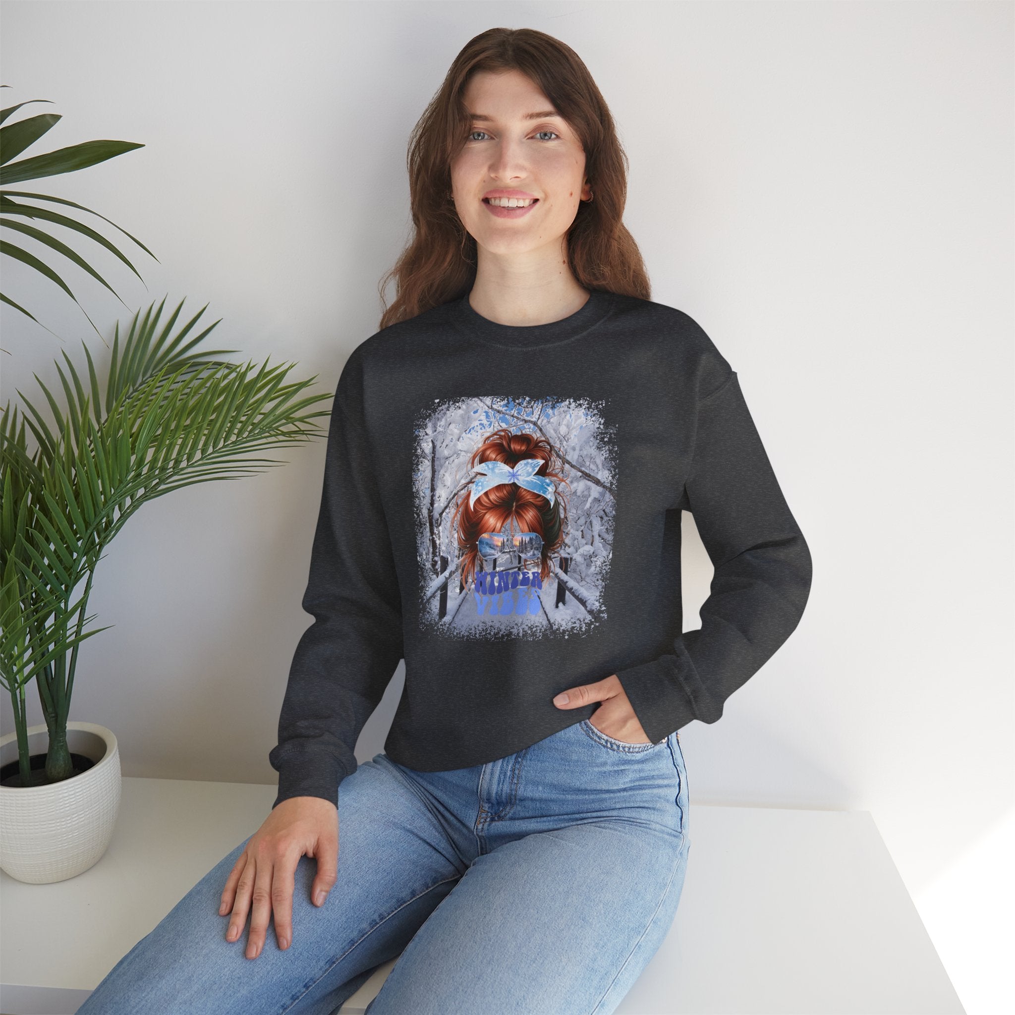 Winter Vibes Winter Hike, Red Hair Messy Bun, Unisex Heavy Blend™ Crewneck Sweatshirt