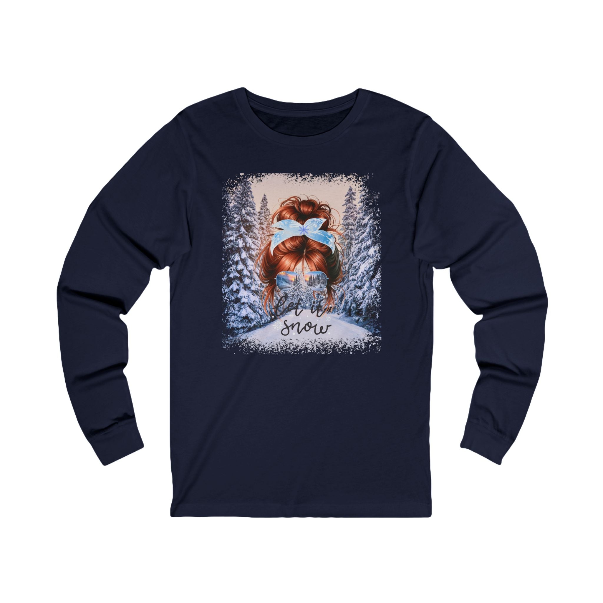 Let it Snow Winter Trail, Red Hair Messy Bun, Unisex Jersey Long Sleeve Tee