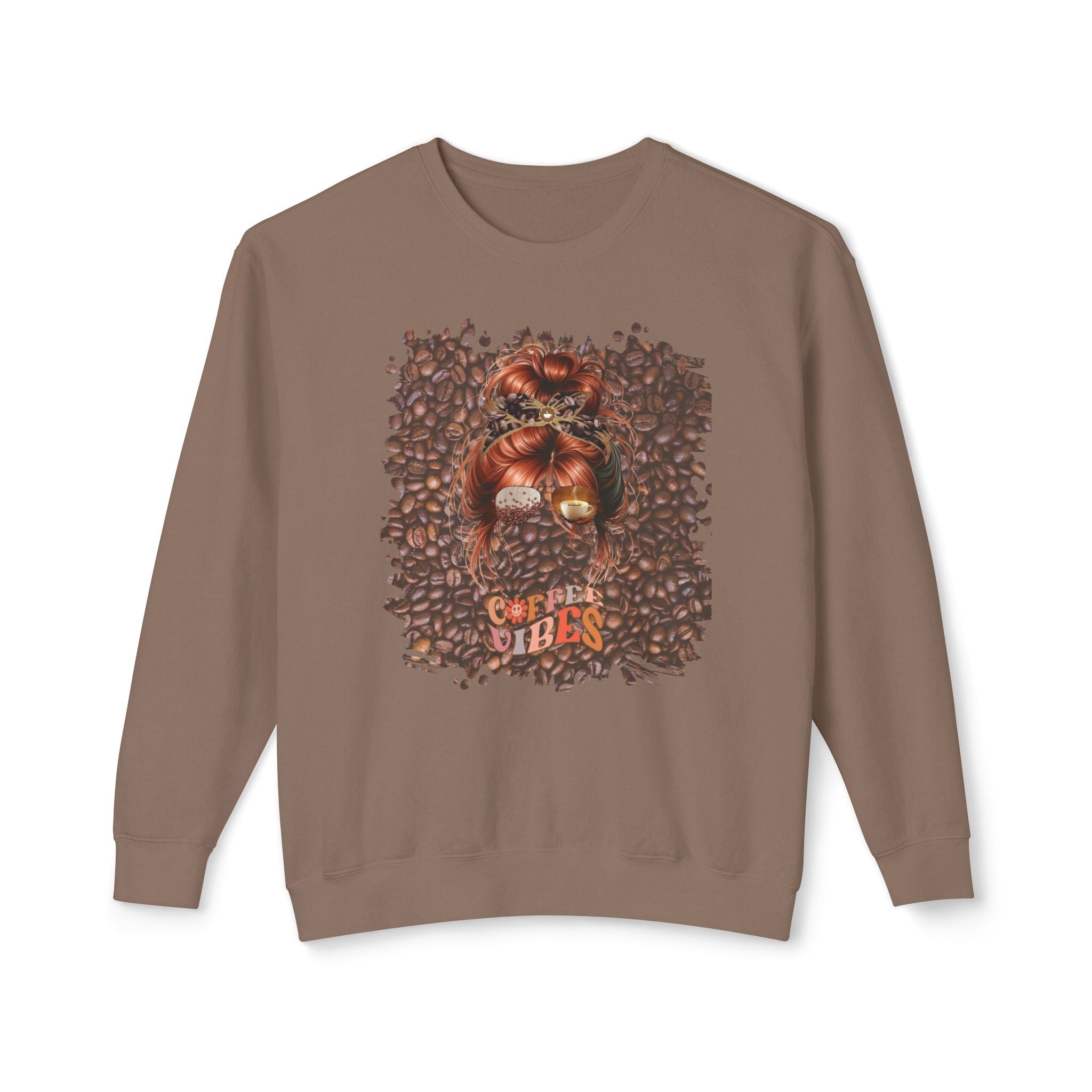 Coffee Vibes, Coffee Beans, Red Hair Messy Bun, Unisex Lightweight Crewneck Sweatshirt