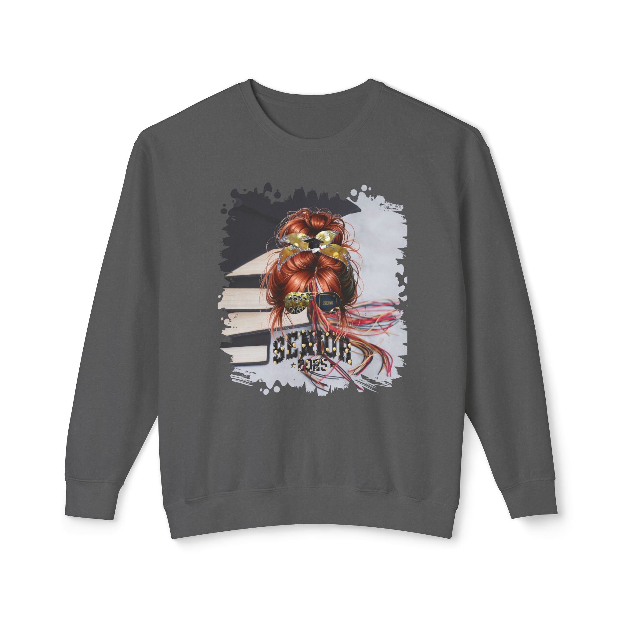 Senior 2025 Balloons, Cap & Books, Red Hair Messy Bun, Unisex Lightweight Crewneck Sweatshirt