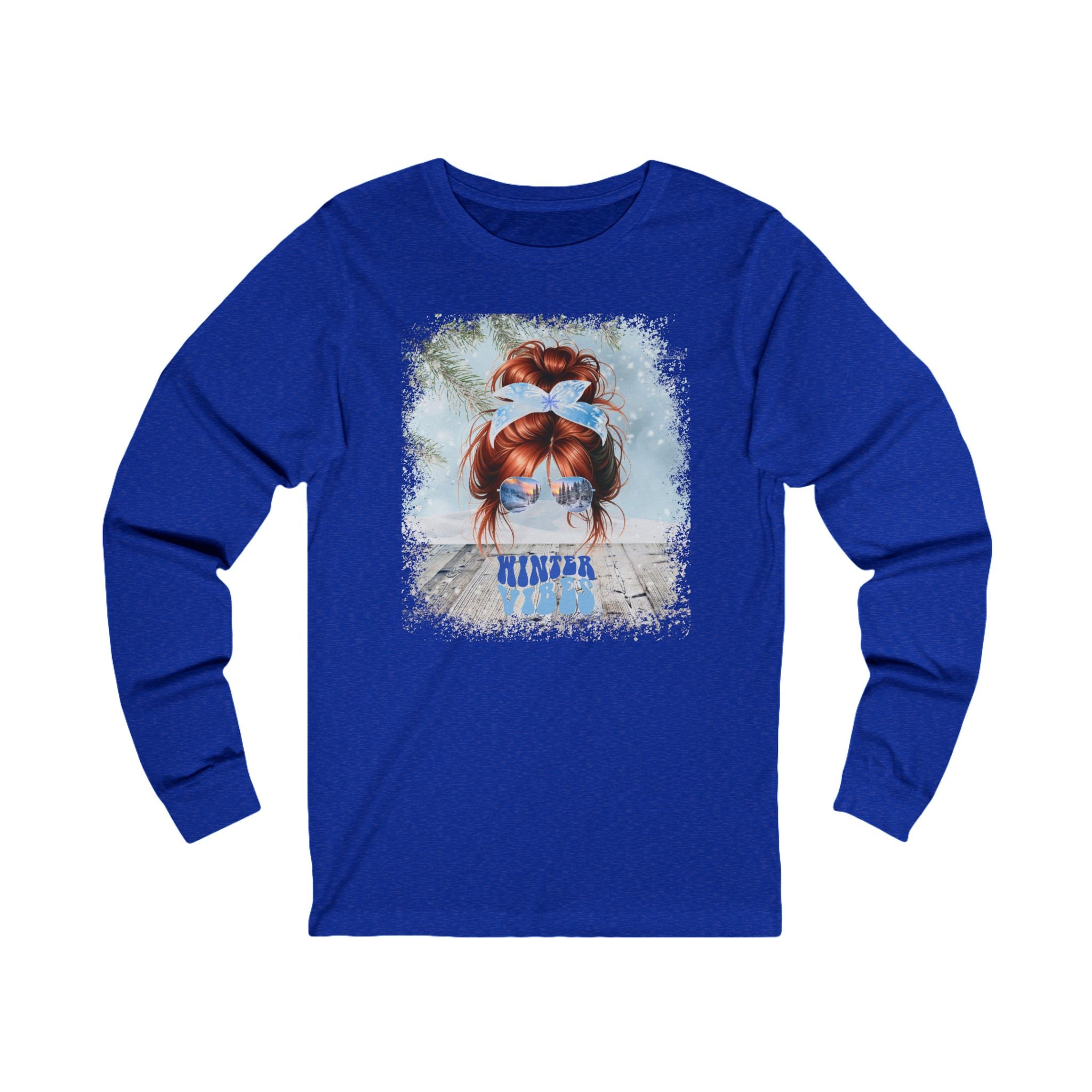 Winter Vibes Winter Snowy Porch, Red Hair Messy Bun, Unisex Jersey Long Sleeve Tee