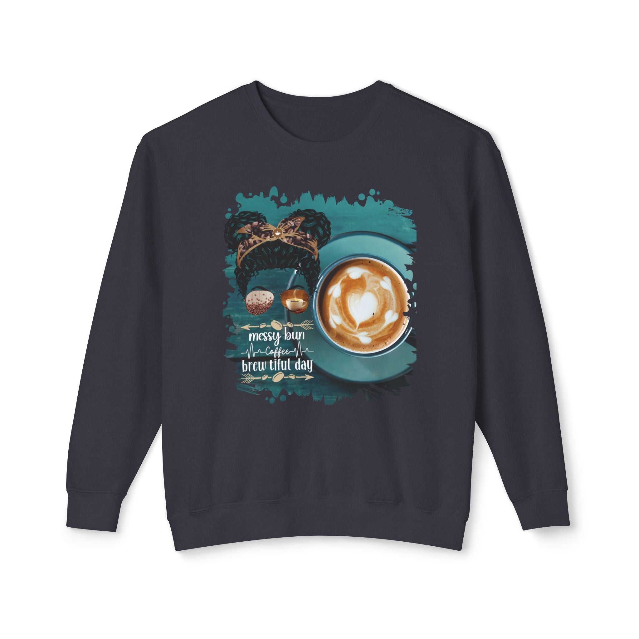 Coffee Heartbeat, Coffee Cup, Black Hair Messy Bun, Unisex Lightweight Crewneck Sweatshirt